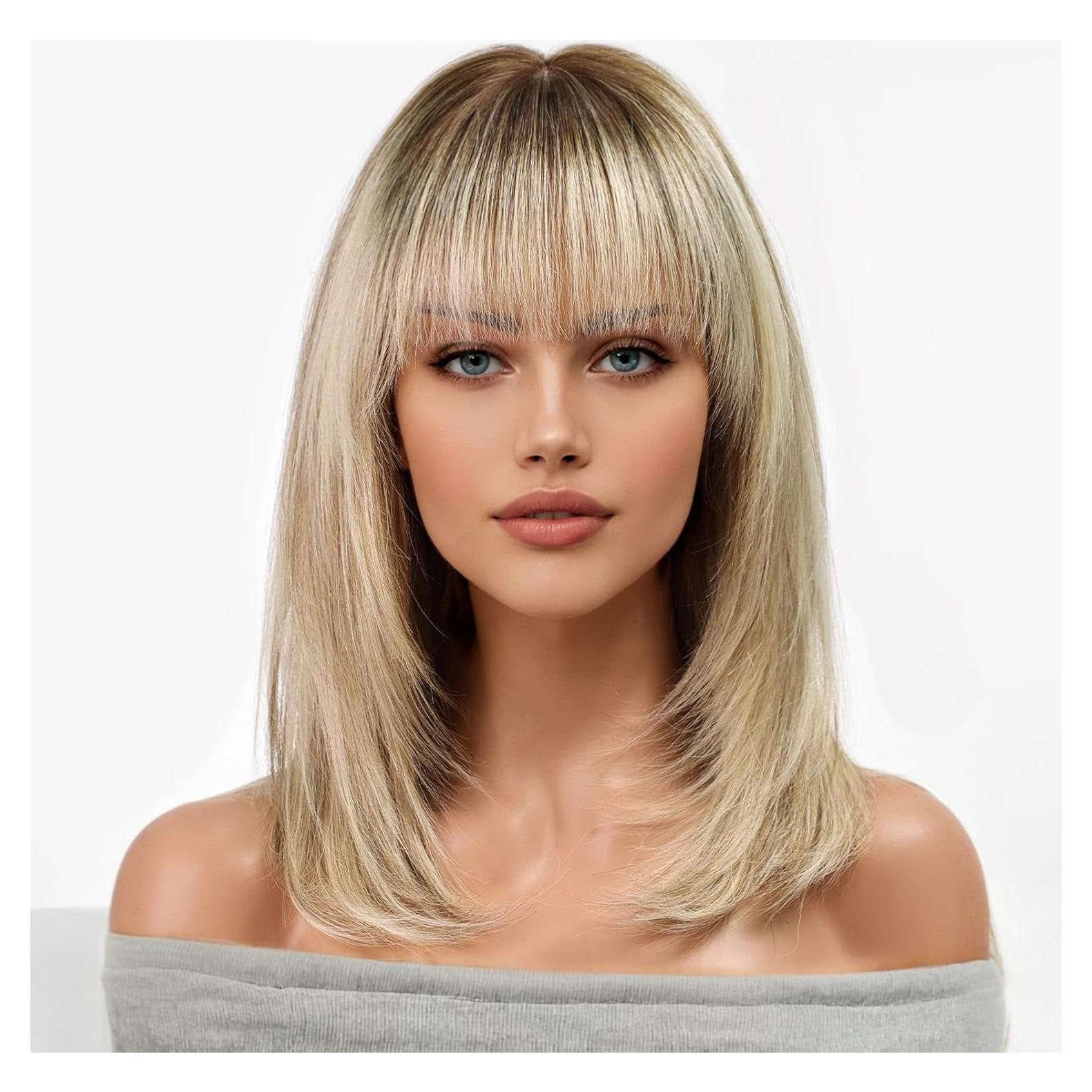 Peluca KKU de Cabello Humano Ombre Rubia 40 cm con Flequillo