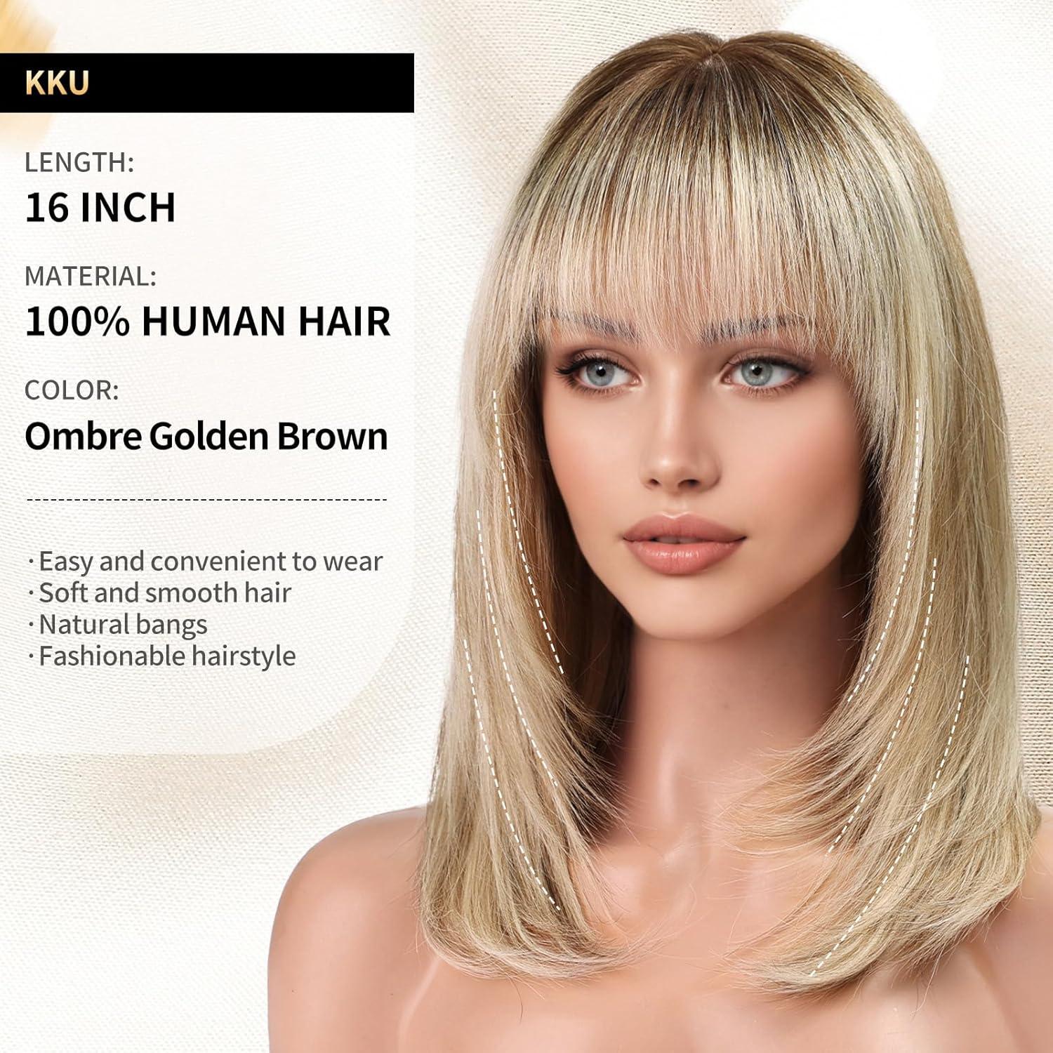 Peluca KKU de Cabello Humano Ombre Rubia 40 cm con Flequillo