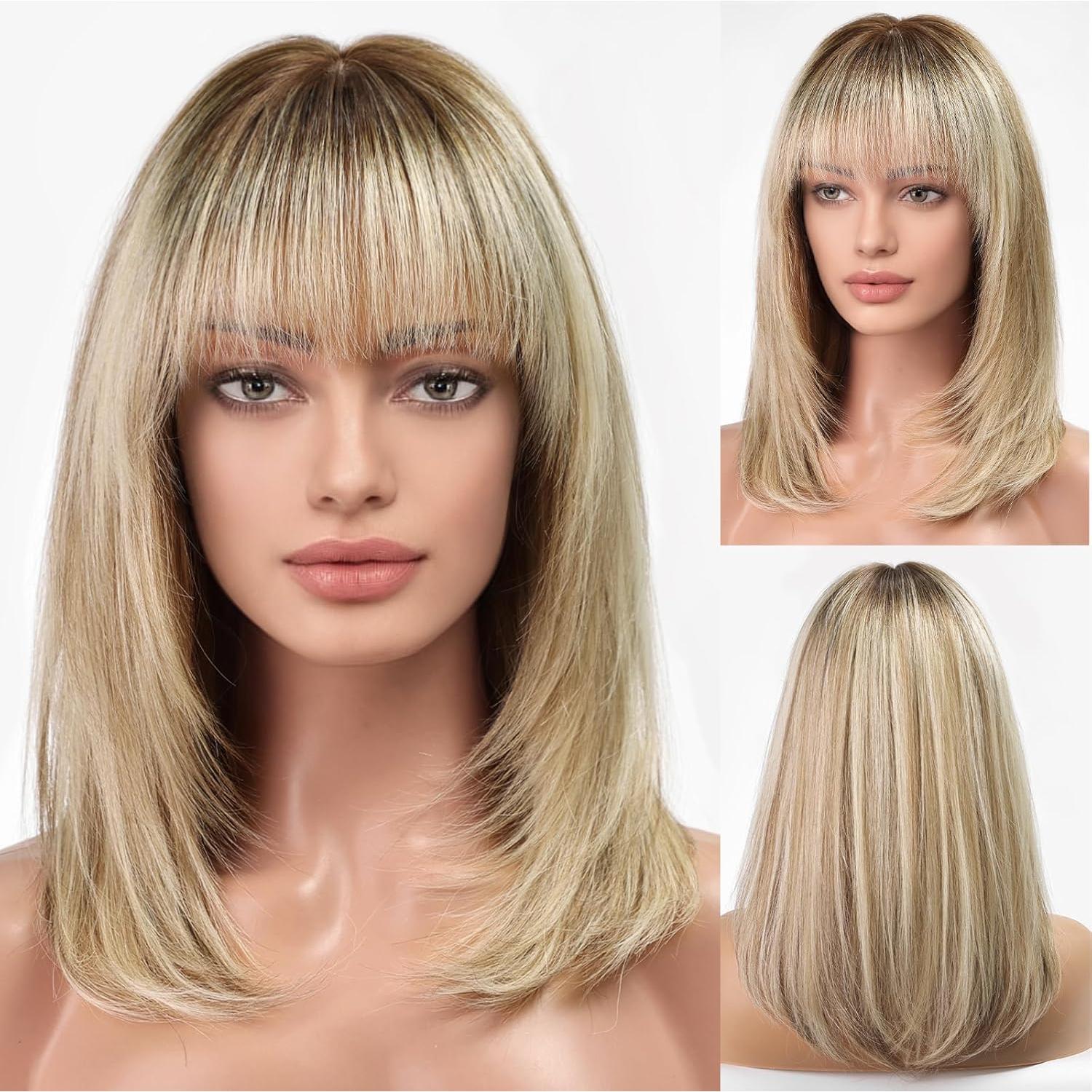 Peluca KKU de Cabello Humano Ombre Rubia 40 cm con Flequillo