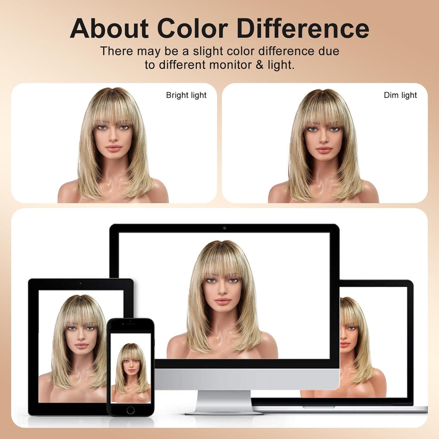 Peluca KKU de Cabello Humano Ombre Rubia 40 cm con Flequillo