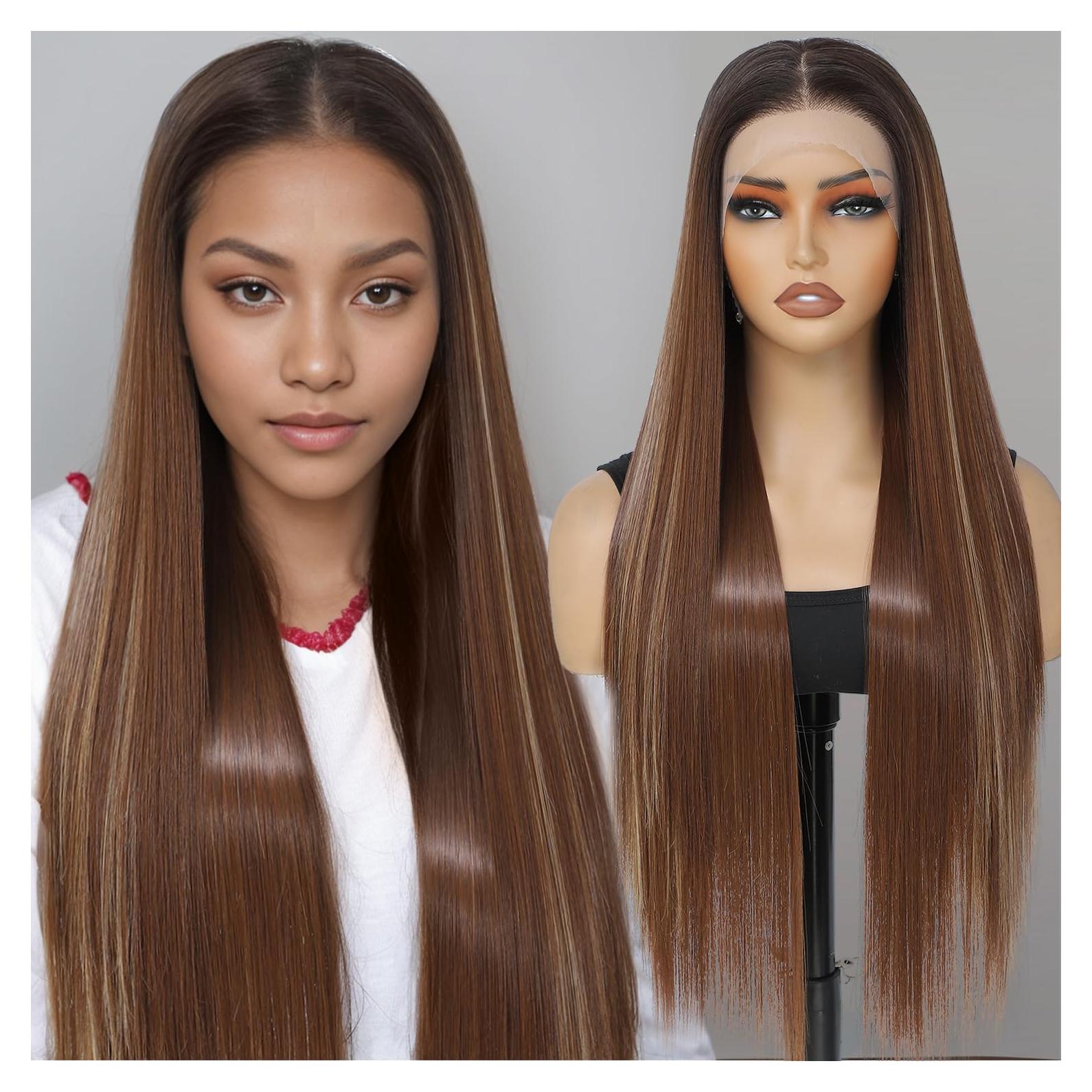 Peluca Sintética KPROYU 30 Pulgadas Marrón Destacado