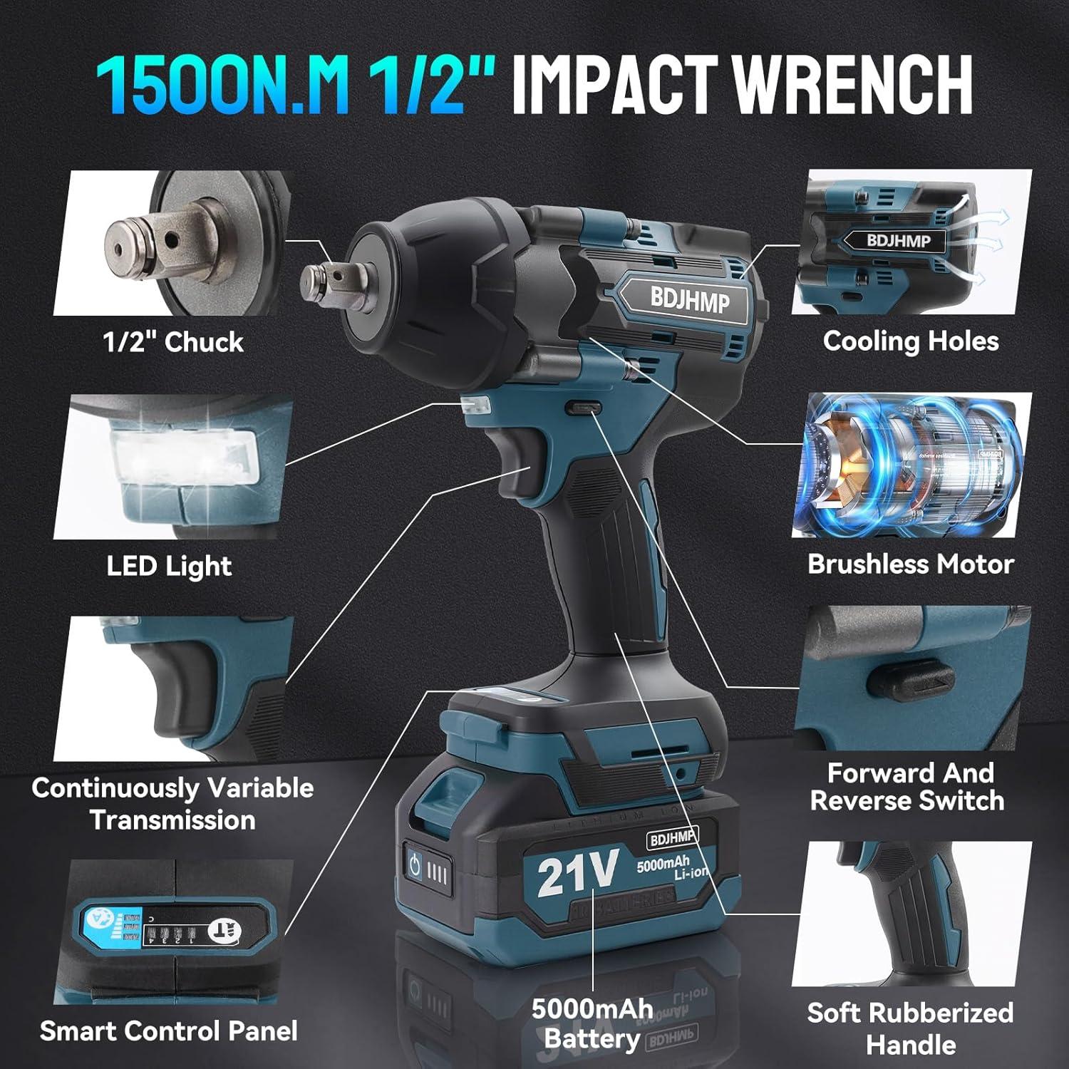 Llave de impacto inalámbrica BDJHMP 1500 N.m 21V 3000 RPM