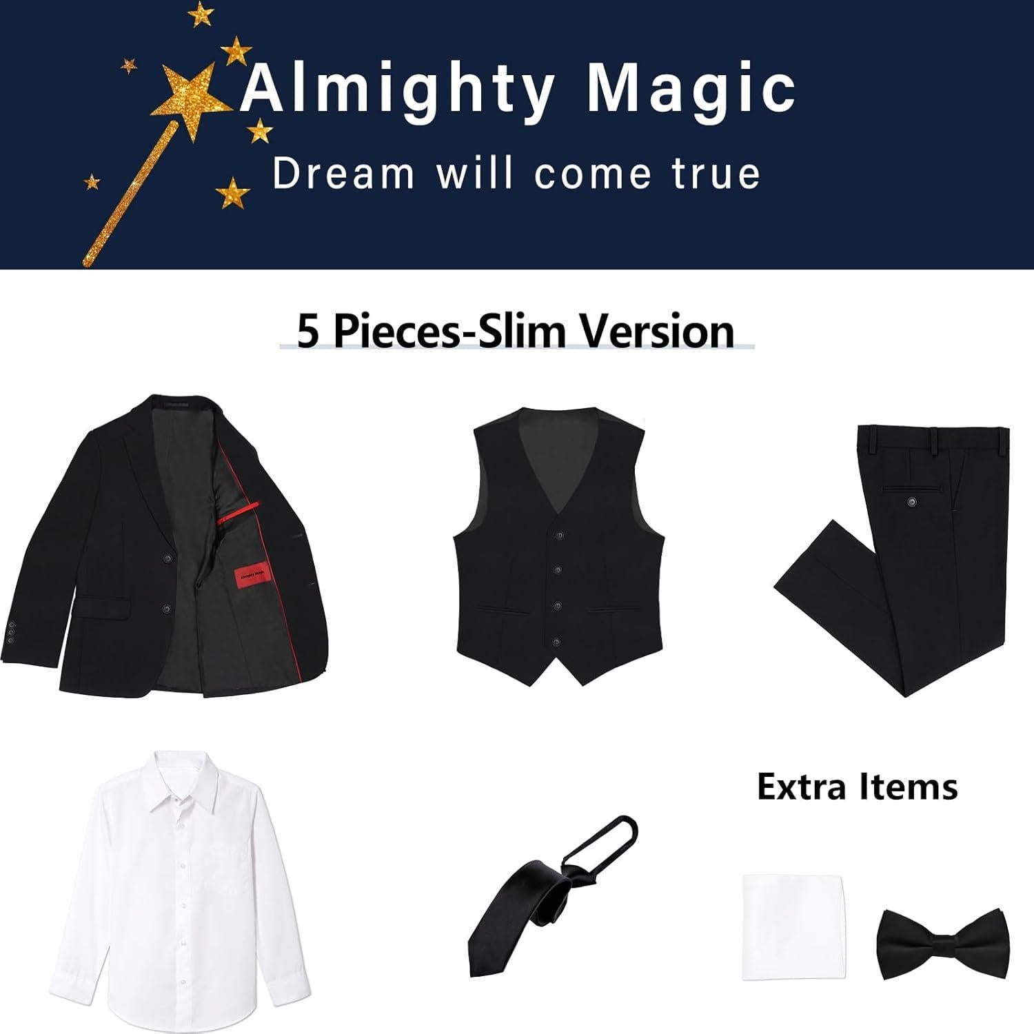 Conjunto de Traje Slim Fit para Niños Negro 5 Pcs - Boda