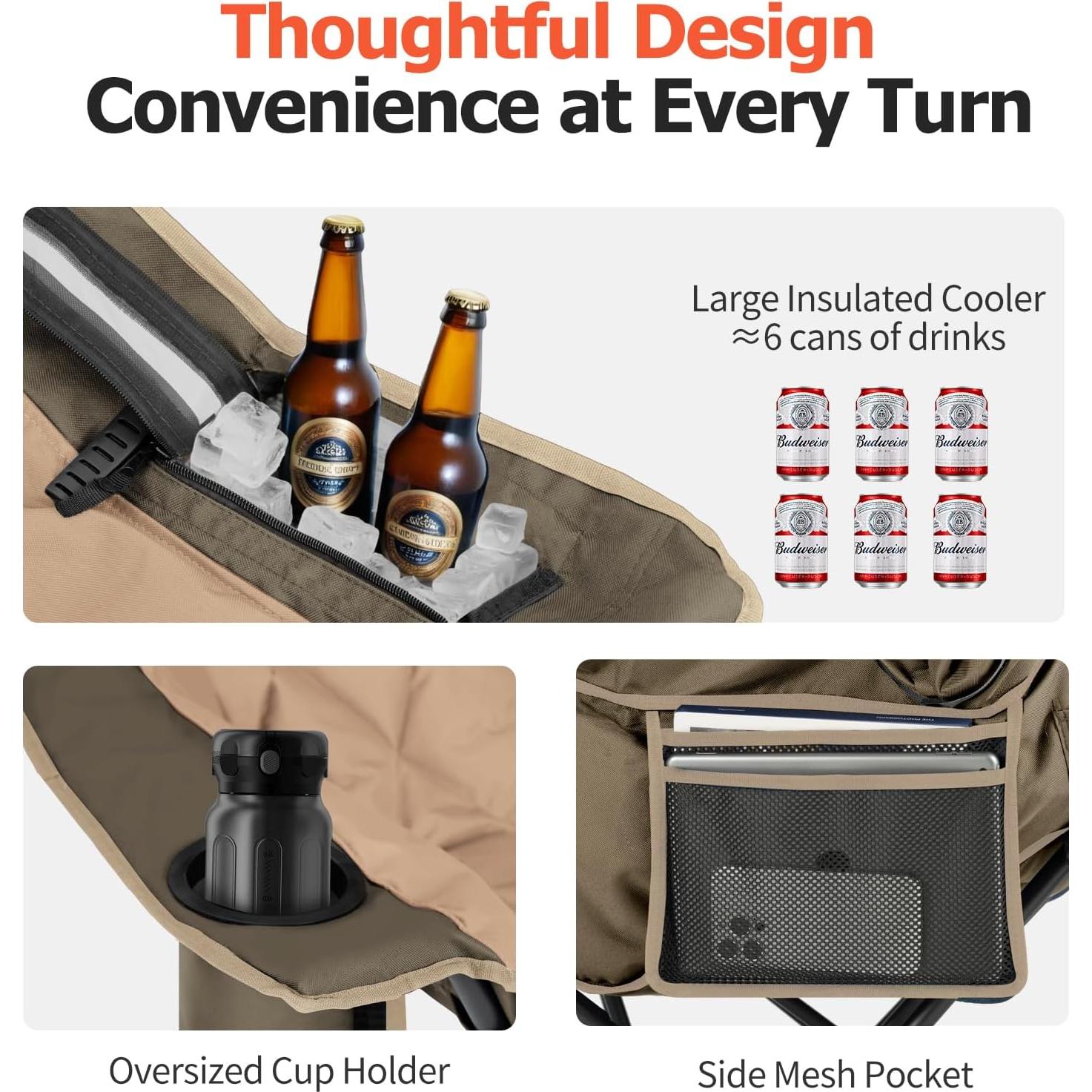 Silla de Camping XL Overmont Caqui Plegable 204 kg Acolchada