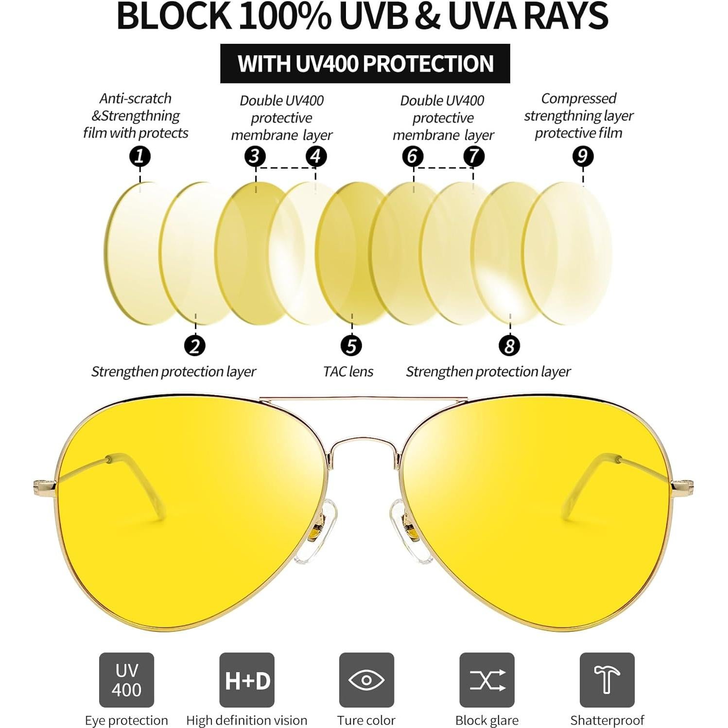 Gafas de Sol Joopin UV400 Amarillas para Conducir de Noche