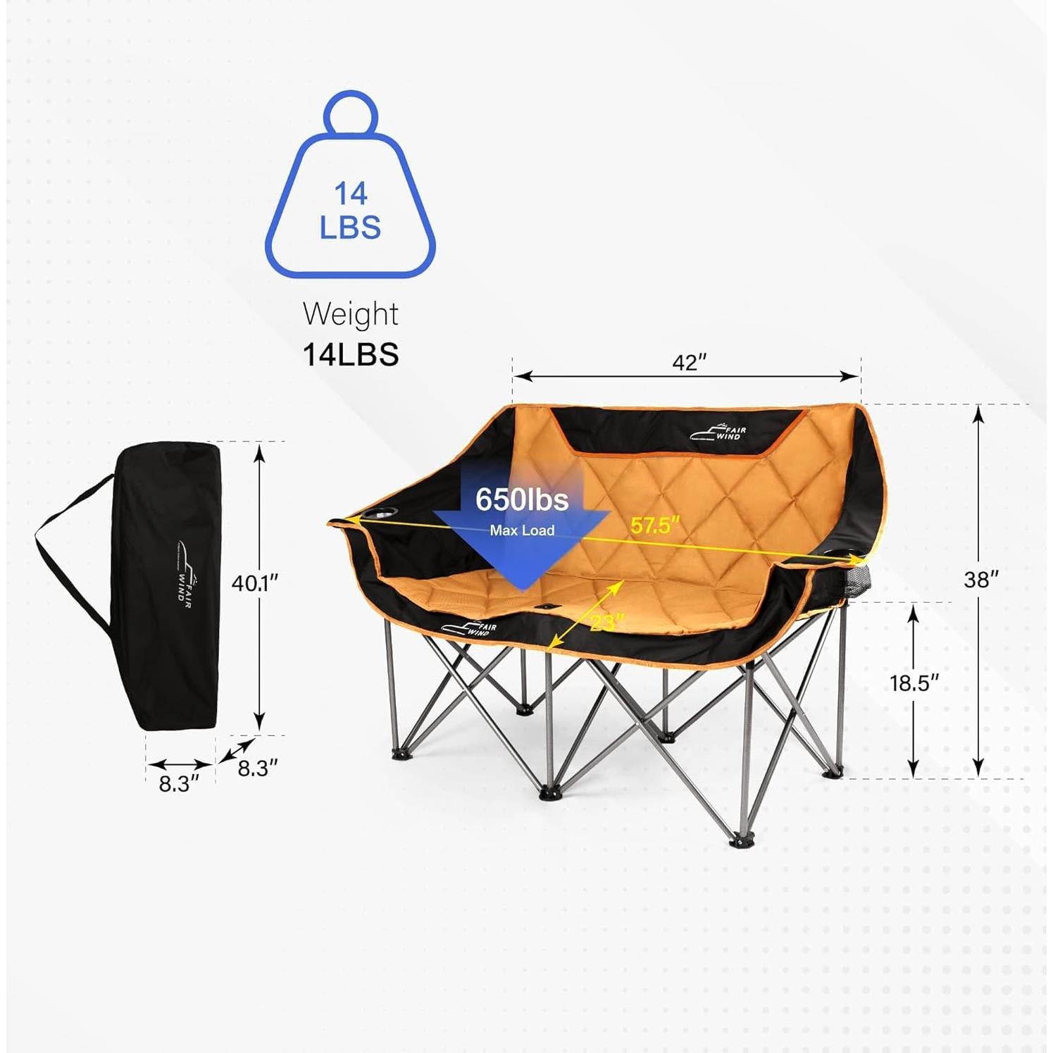 Silla de Camping FAIR WIND Sofá Doble Acolchado Naranja