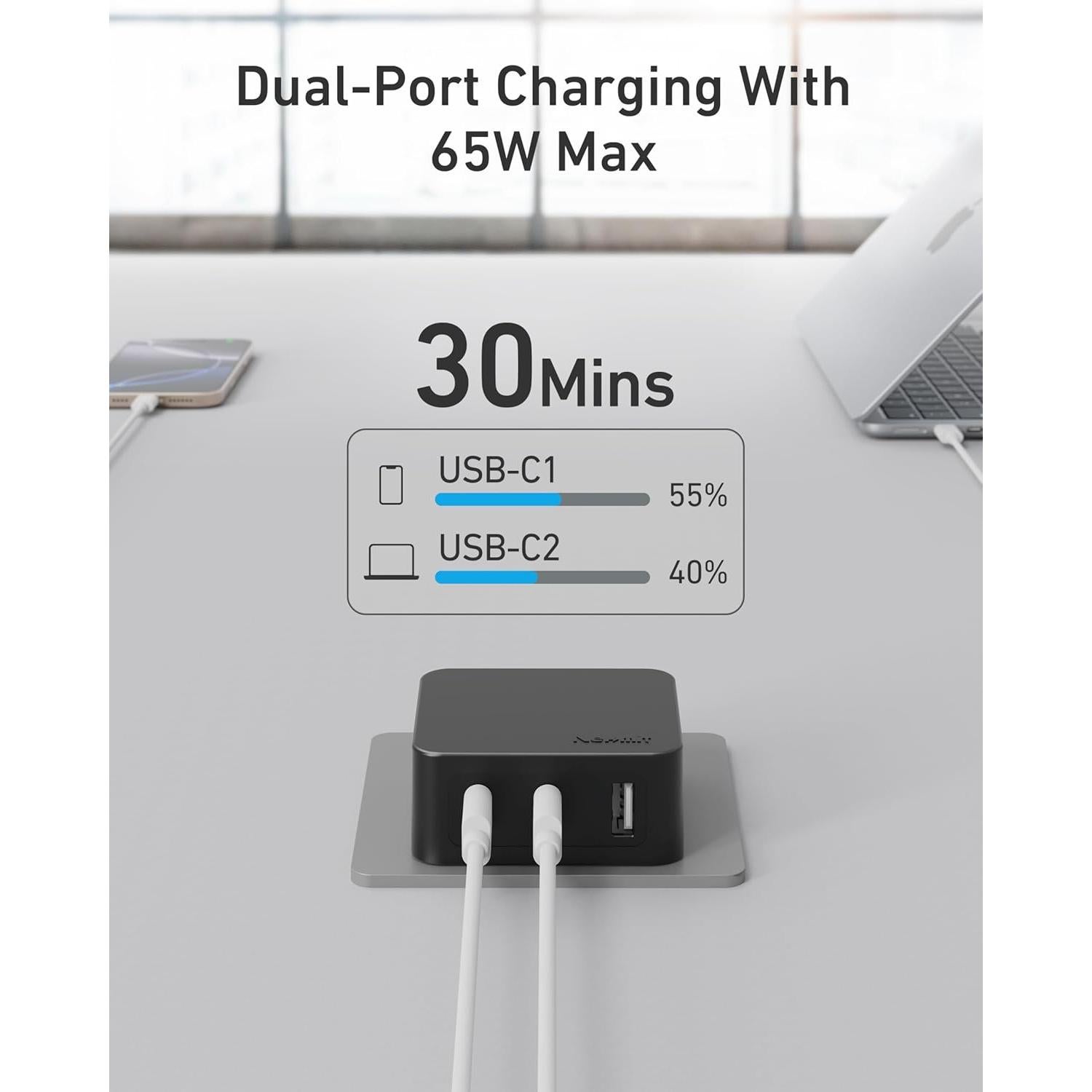 Cargador USB C Nekmit 67W Rápido 3 Puertos GaN Negro