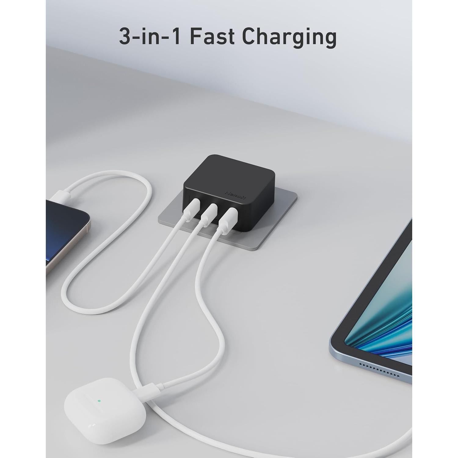 Cargador USB C Nekmit 67W Rápido 3 Puertos GaN Negro