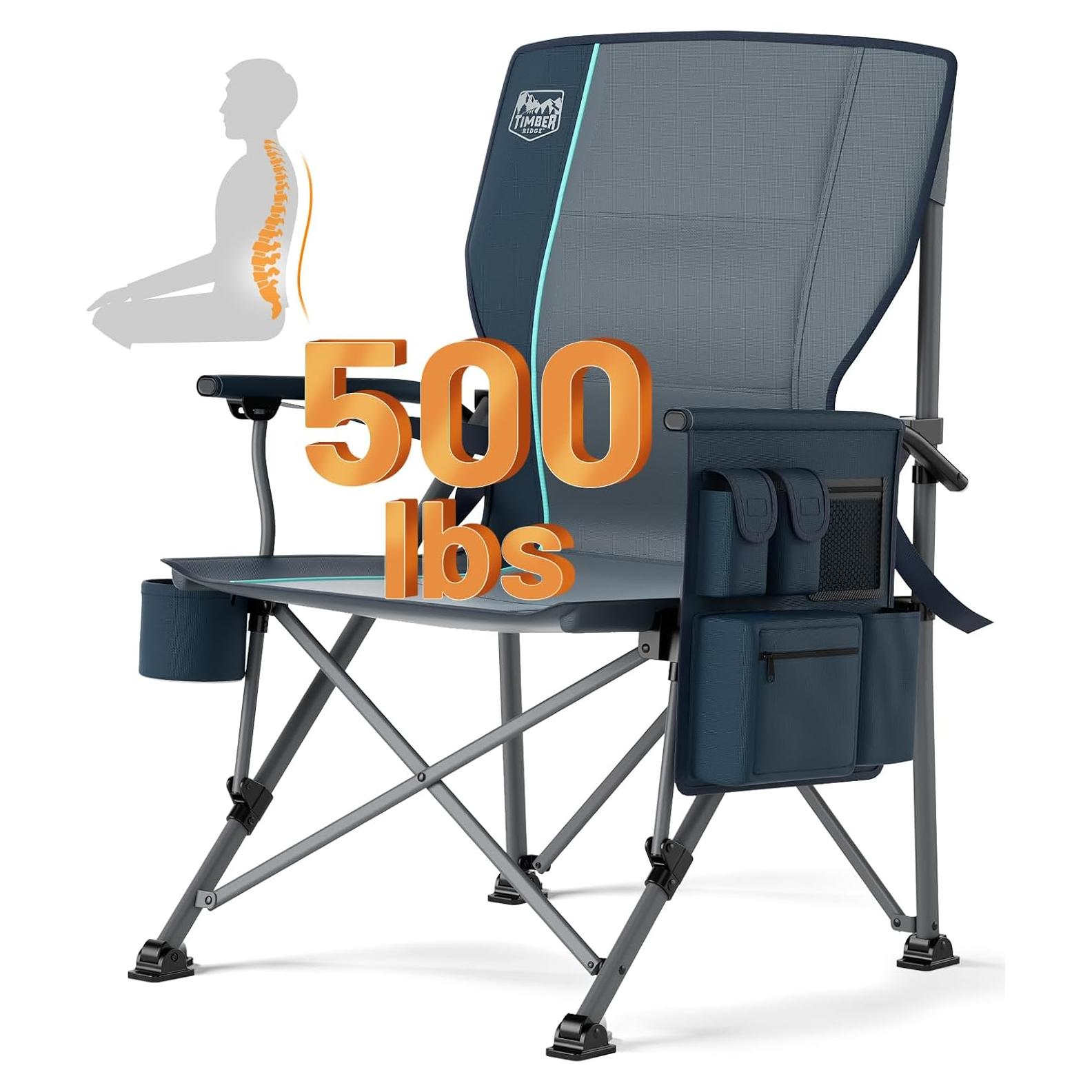 TIMBER RIDGE Oversized Folding Camping Chair with Lumbar Support Adjustable High Back Heavy Duty for Adults Support up to 500lbs with Cup Holder, Cooler Bag, Side Pocket, Blue
