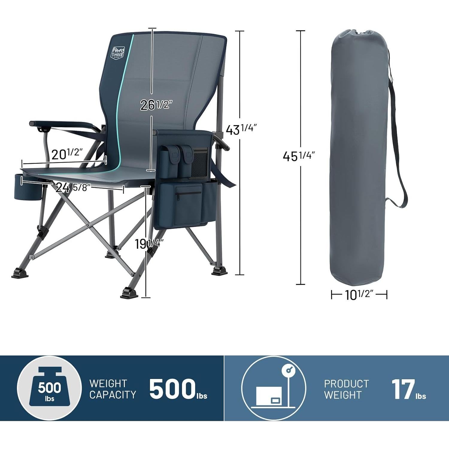 TIMBER RIDGE Oversized Folding Camping Chair with Lumbar Support Adjustable High Back Heavy Duty for Adults Support up to 500lbs with Cup Holder, Cooler Bag, Side Pocket, Blue