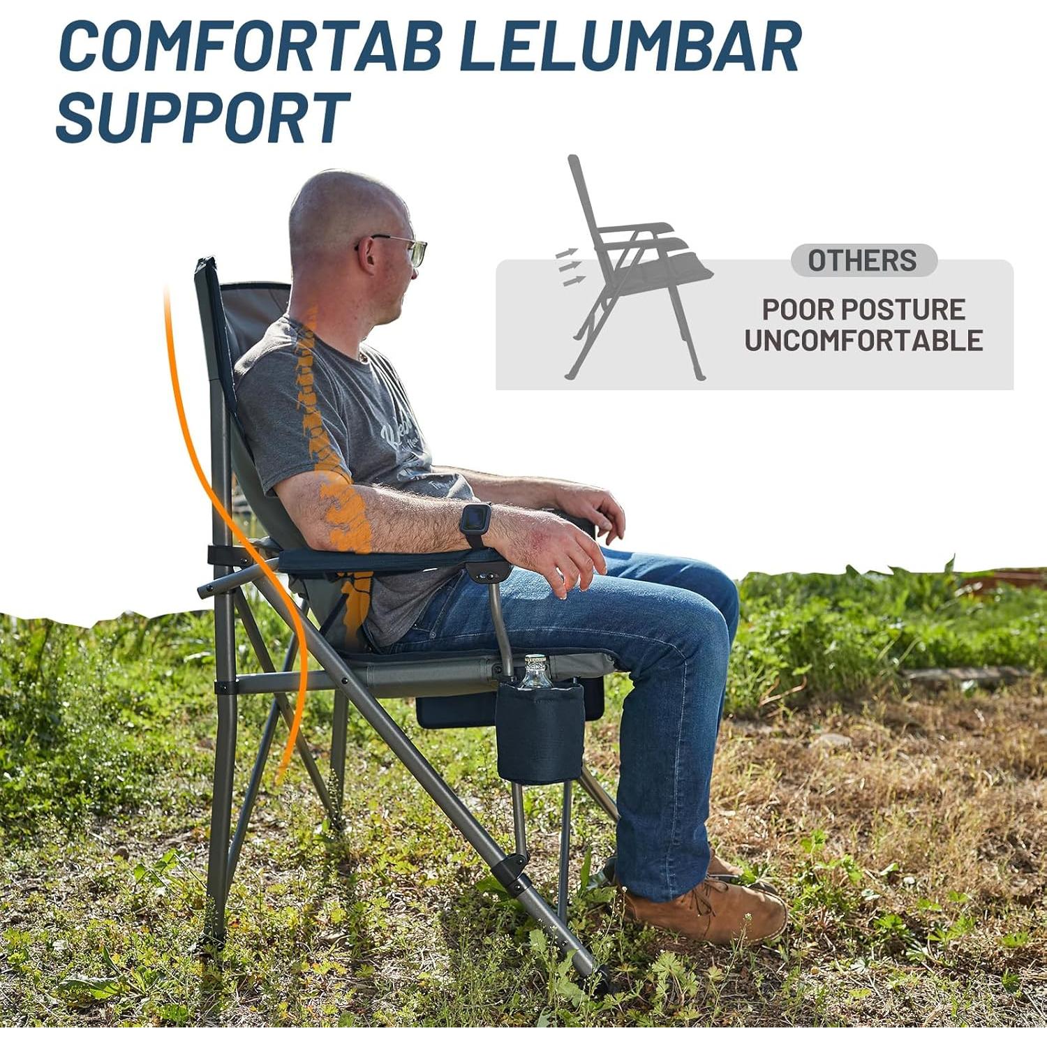 TIMBER RIDGE Oversized Folding Camping Chair with Lumbar Support Adjustable High Back Heavy Duty for Adults Support up to 500lbs with Cup Holder, Cooler Bag, Side Pocket, Blue