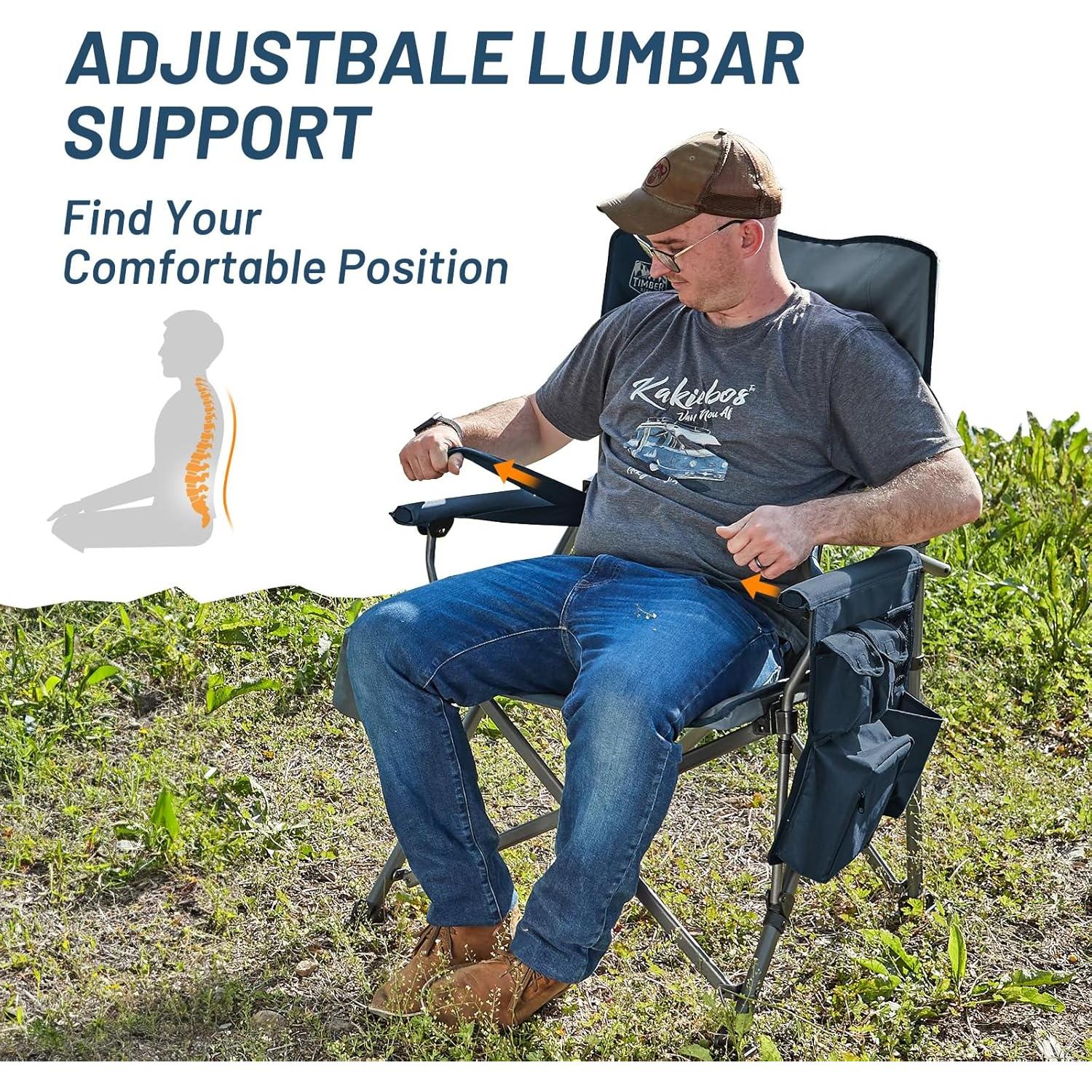 TIMBER RIDGE Oversized Folding Camping Chair with Lumbar Support Adjustable High Back Heavy Duty for Adults Support up to 500lbs with Cup Holder, Cooler Bag, Side Pocket, Blue