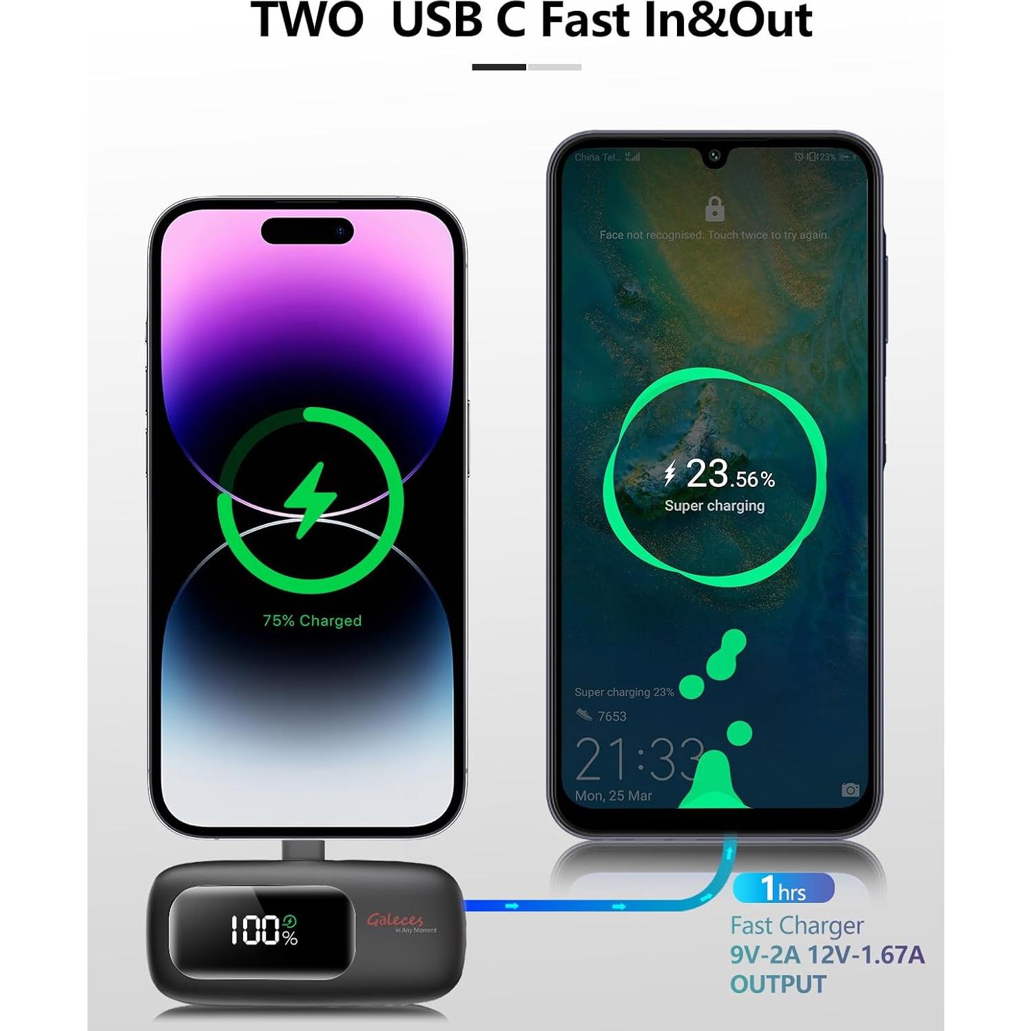 Cargador Portátil Mini Galeces 20W 5000mAh USB-C Negro