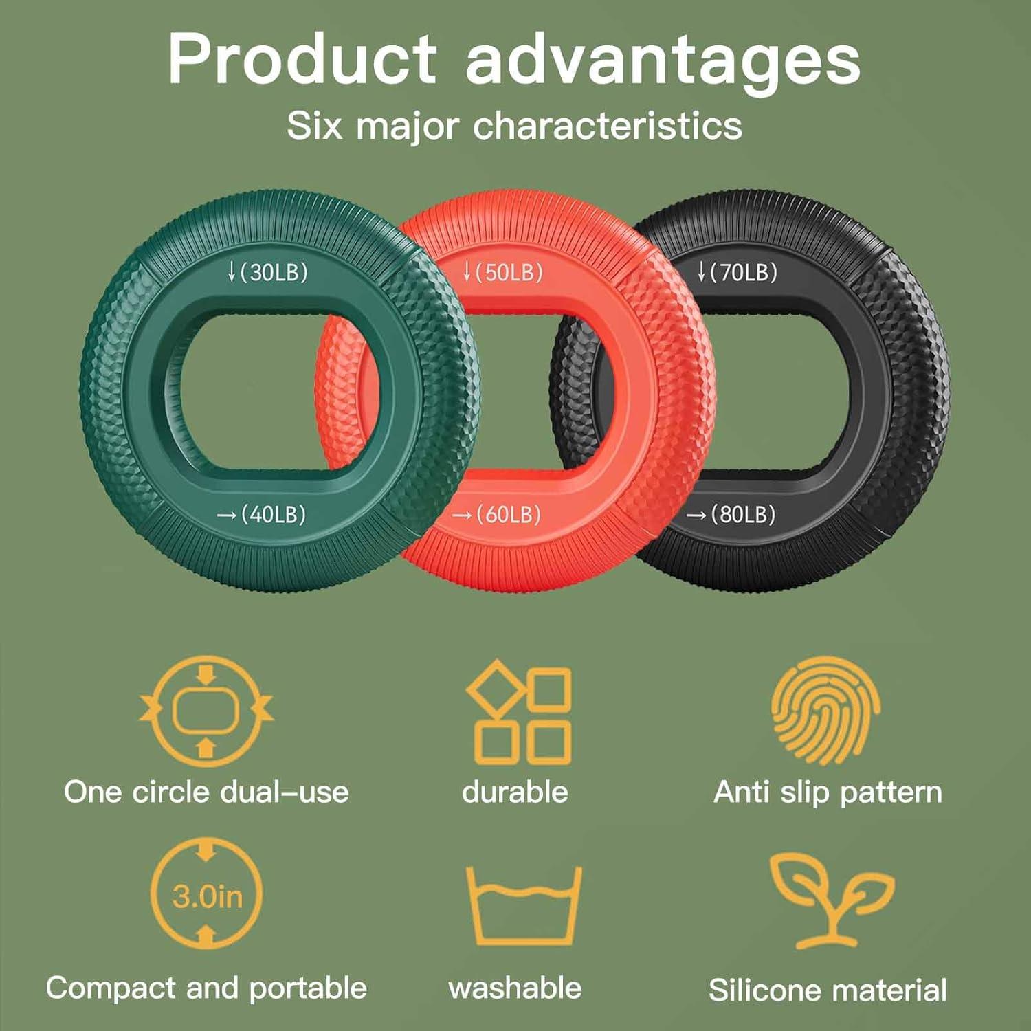 Entrenador de Fuerza de Agarre AIKESIWAY - 3 Anillos Silicona 30-80lbs