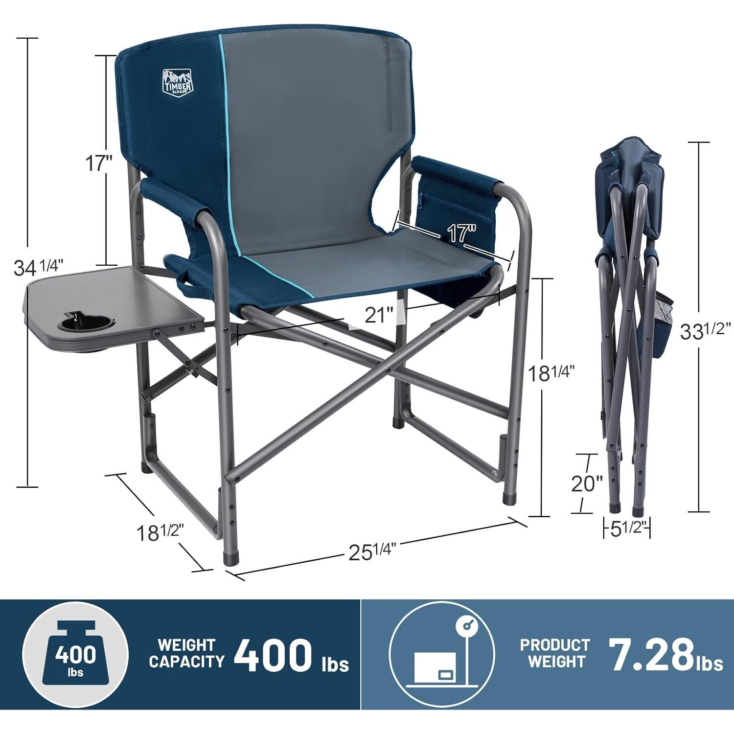 Silla de Camping Plegable Timber Ridge 181kg Azul con Mesa