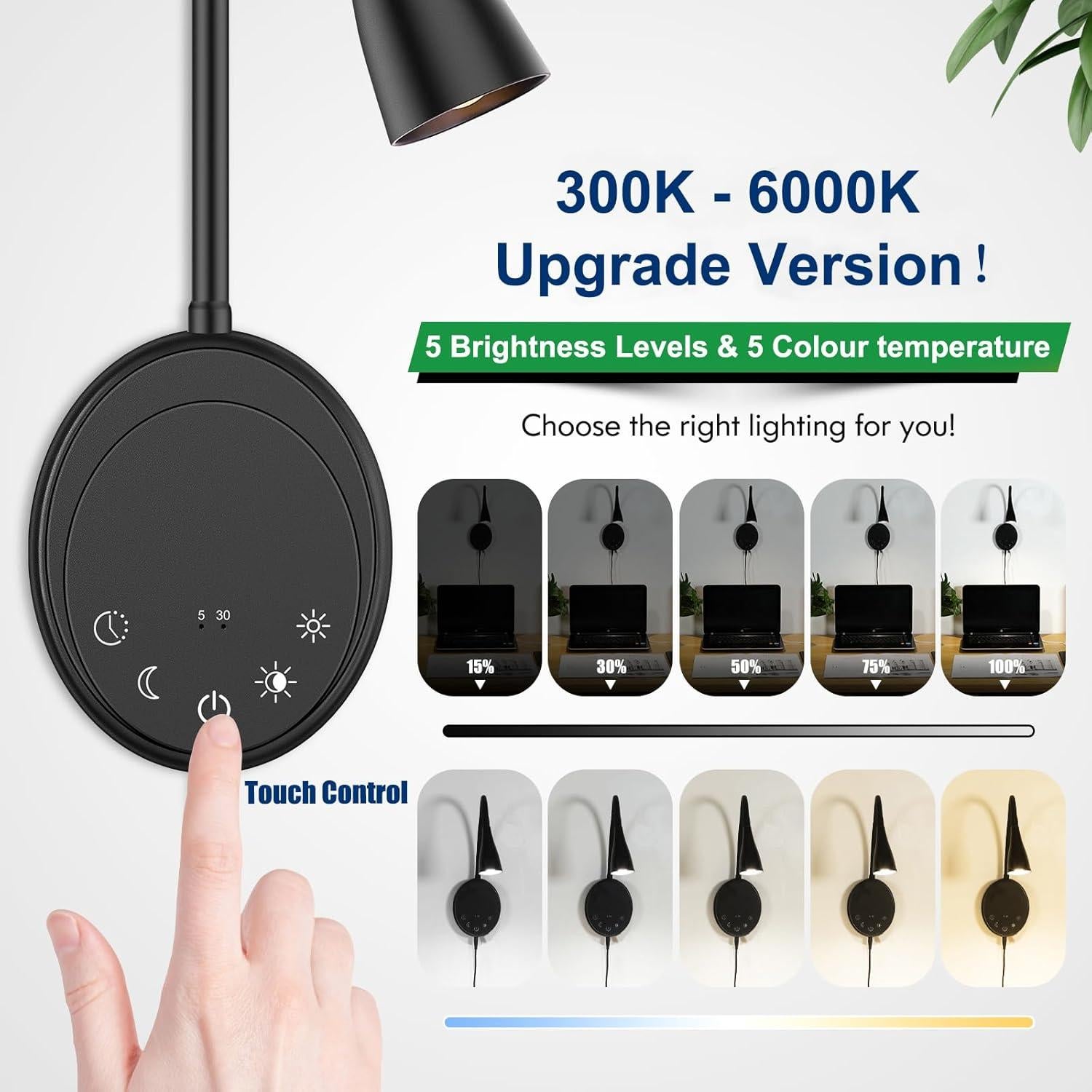 Aplique de pared ONELEJA con enchufe y USB, luz regulable 5 colores