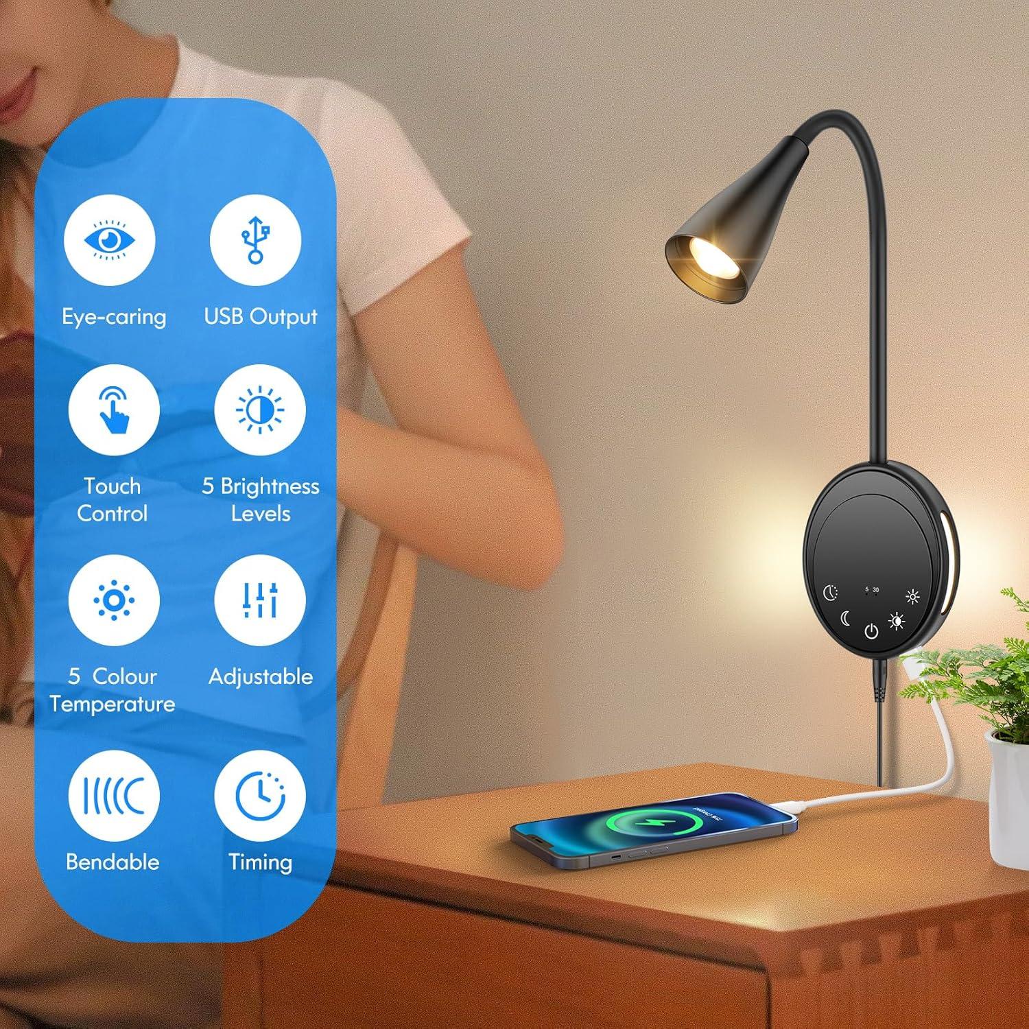 Aplique de pared ONELEJA con enchufe y USB, luz regulable 5 colores