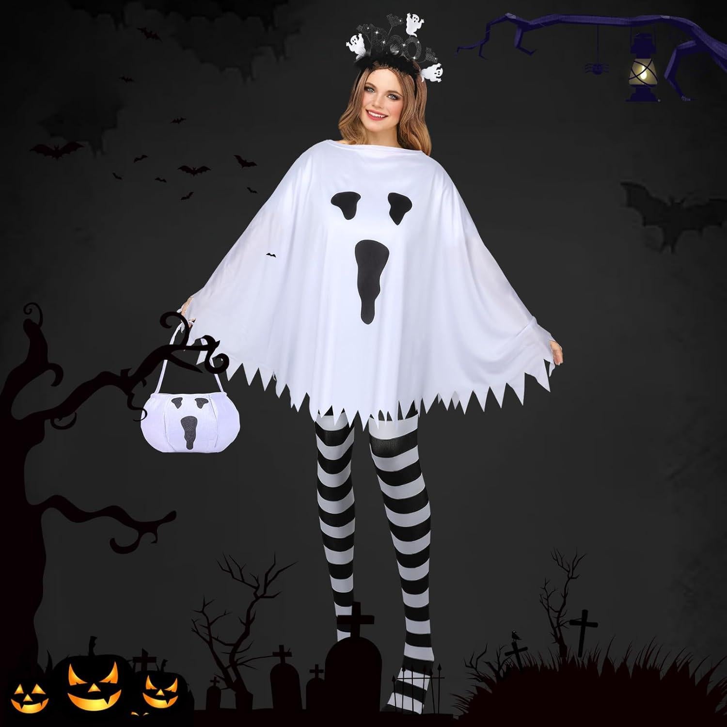 Disfraz de Fantasma Halloween 4 Piezas Mujer - Poncho, Diadema