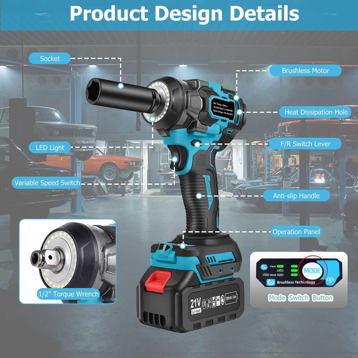 Llave de impacto inalámbrica VOJOTO 1/2" 550N.m 3600RPM