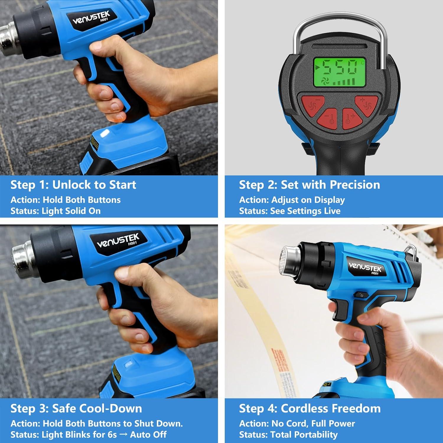 Pistola de Calor Inalámbrica VENUSTEK 20V 2 Baterías 4.0Ah