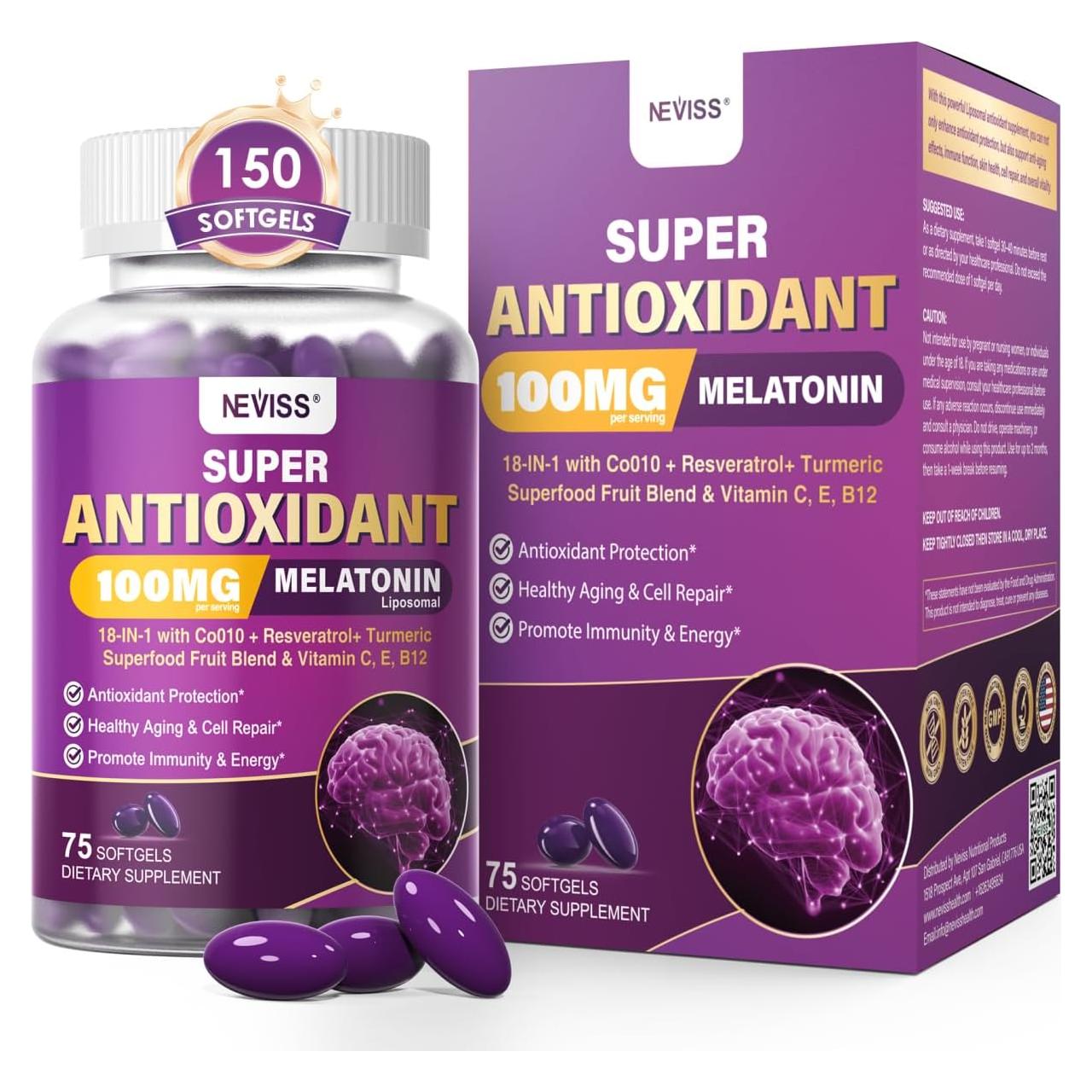 Melatonina 100mg NEVISS con CoQ10 y Antioxidantes 75 Gelatinas