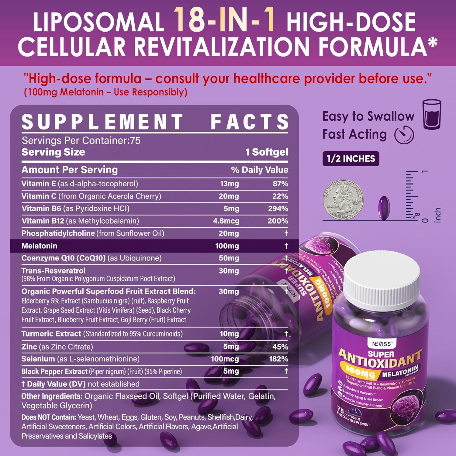 Melatonina 100mg NEVISS con CoQ10 y Antioxidantes 75 Gelatinas