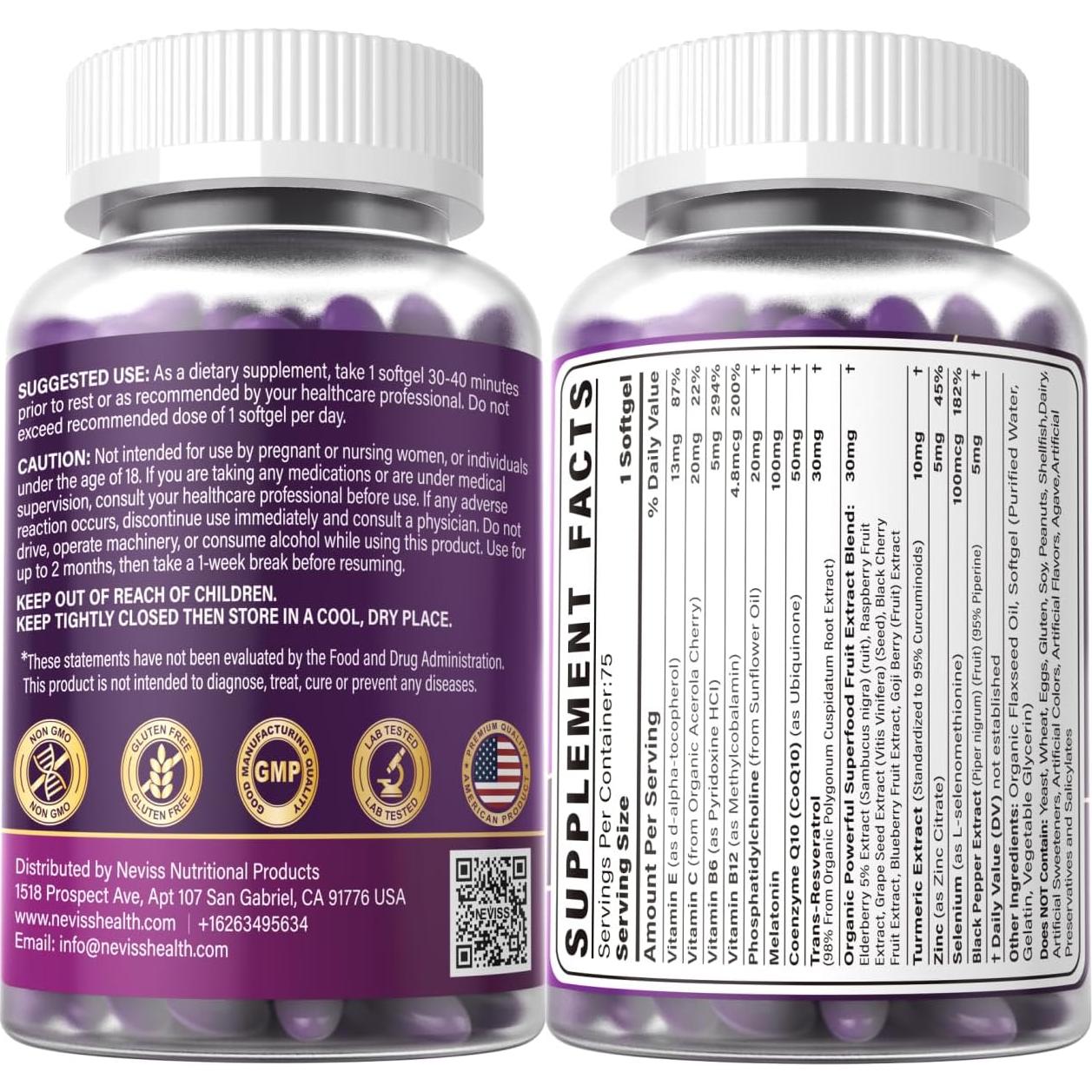 Melatonina 100mg NEVISS con CoQ10 y Antioxidantes 75 Gelatinas