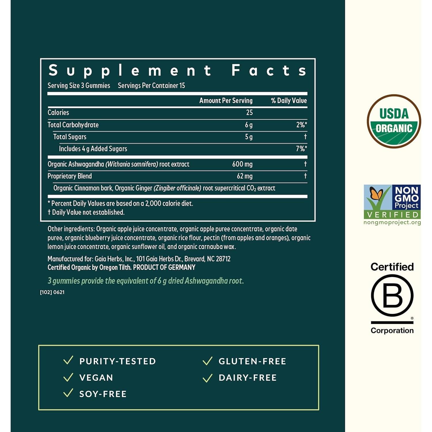 Gomas Orgánicas de Ashwagandha Gaia Herbs - 45 Unidades