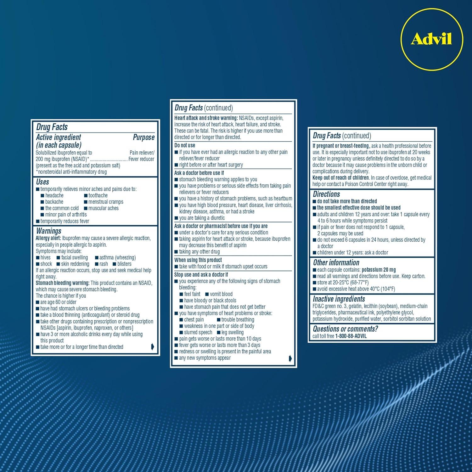 Advil Liqui-Gels Pain Reliever and Fever Reducer, Pain Medicine for Adults with Ibuprofen 200mg for Headache, Backache, Menstrual Pain and Joint Pain Relief - 160 Liquid Filled Capsules