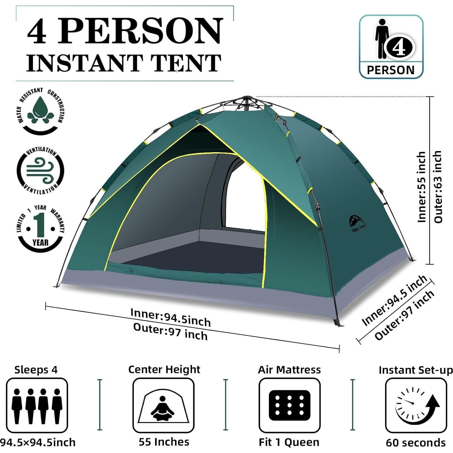 Carpa de Camping Happy Travel Pop Up 3-4 Personas Impermeable