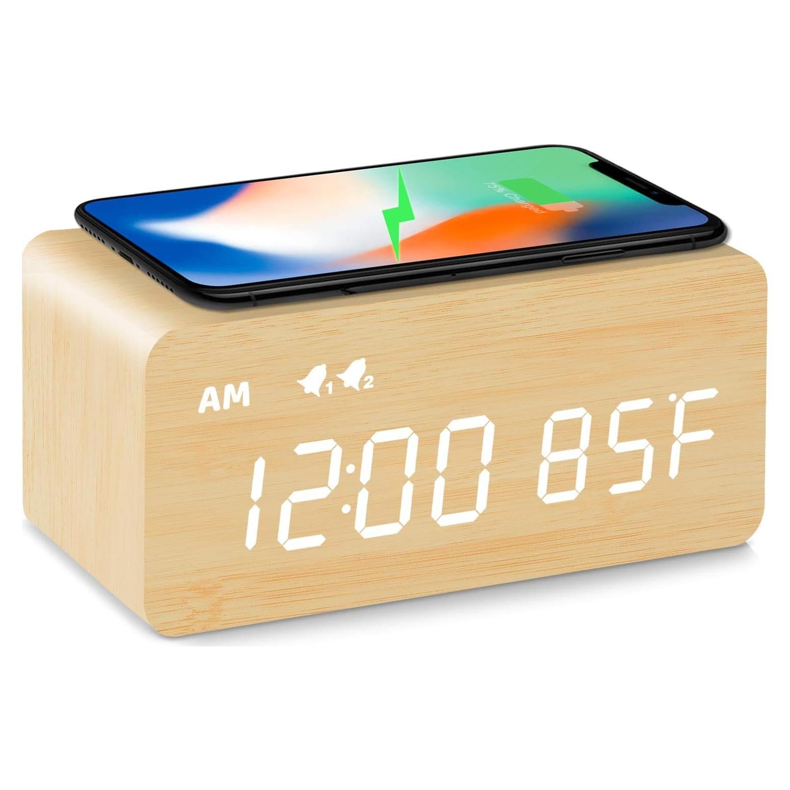 Reloj Despertador Digital MOSITO de Madera con Carga Inalámbrica