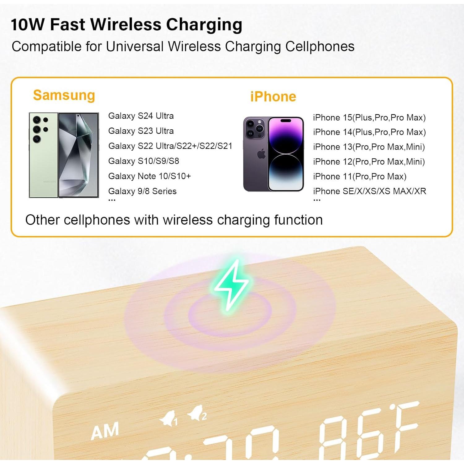 Reloj Despertador Digital MOSITO de Madera con Carga Inalámbrica