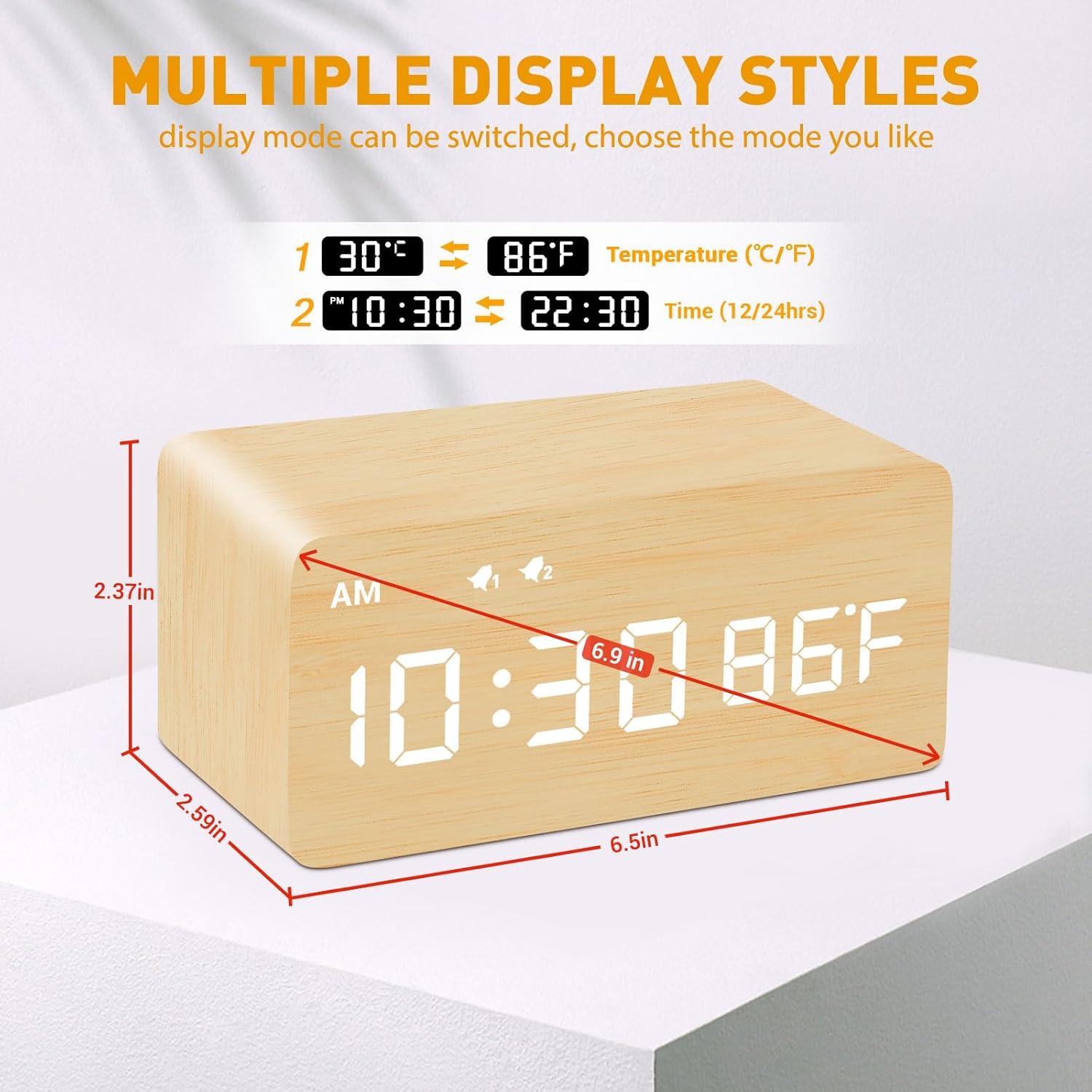 Reloj Despertador Digital MOSITO de Madera con Carga Inalámbrica