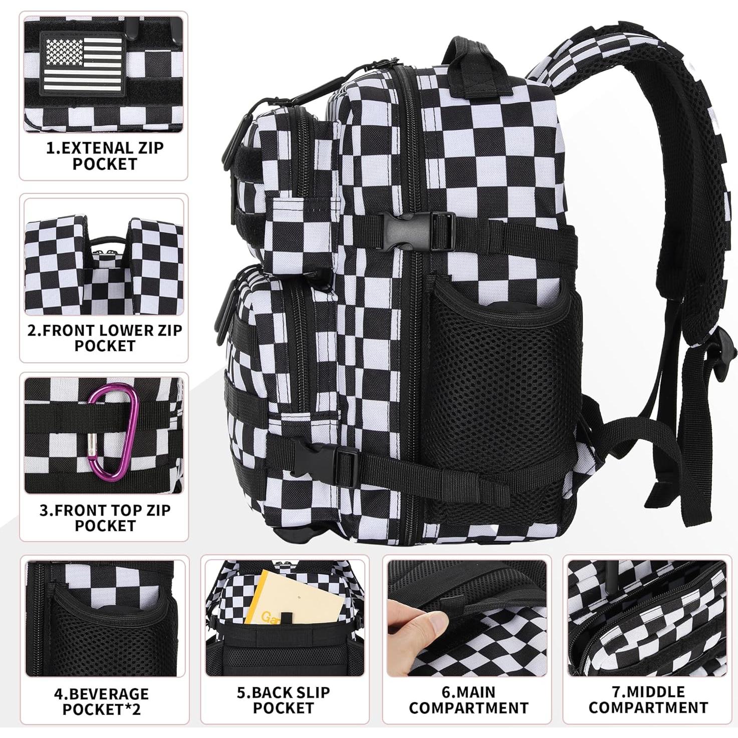 Mochila Táctica 9L Unisex Cuadrícula Negra y Blanca