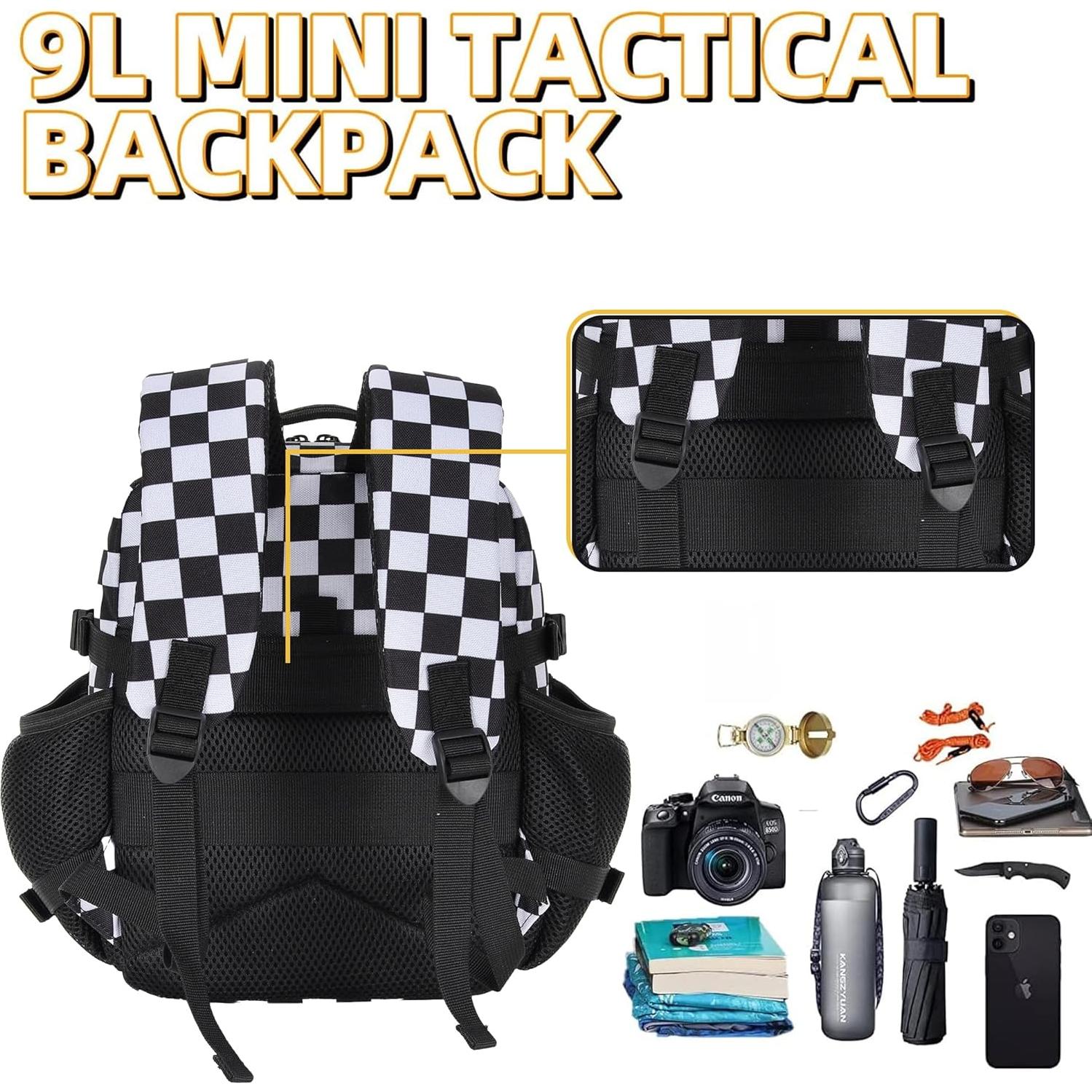 Mochila Táctica 9L Unisex Cuadrícula Negra y Blanca