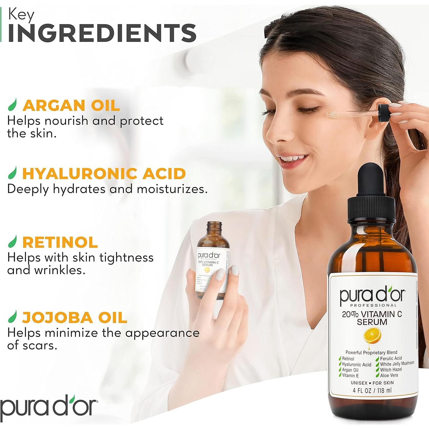 Sérum de Vitamina C 20% PURA D'OR 118 ml - Antiarrugas y Hidratante