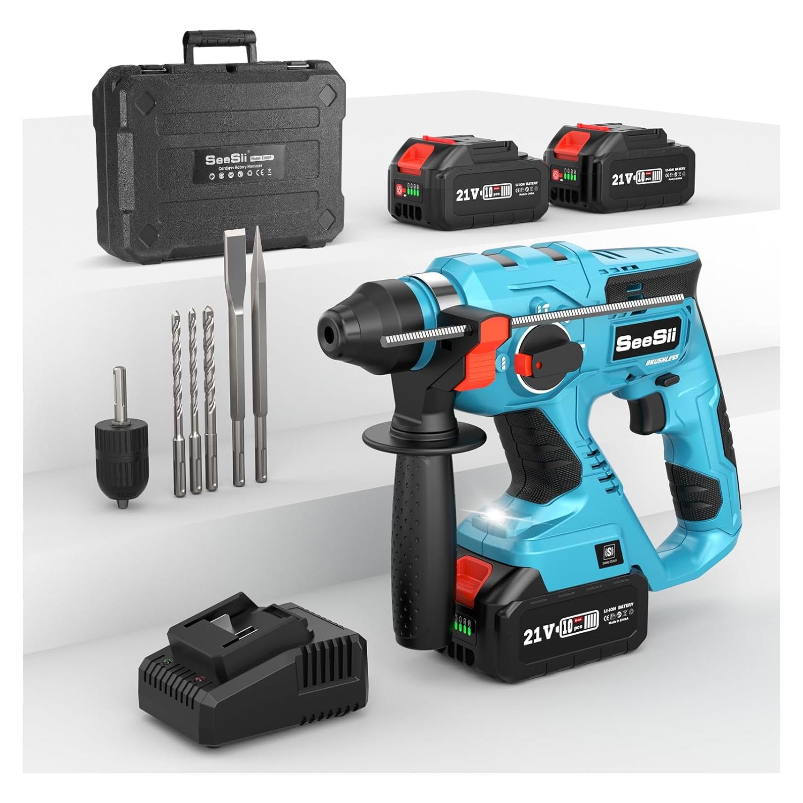 Taladro de Martillo Inalámbrico Seesii 21V con 2 Baterías 4000mAh