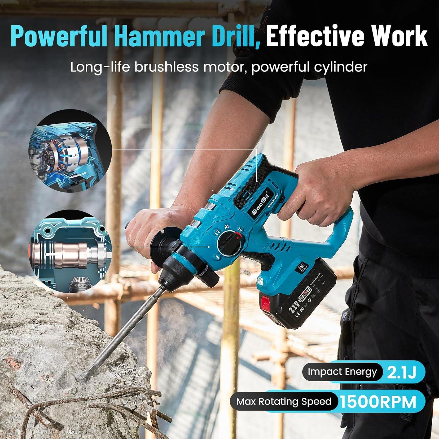 Taladro de Martillo Inalámbrico Seesii 21V con 2 Baterías 4000mAh