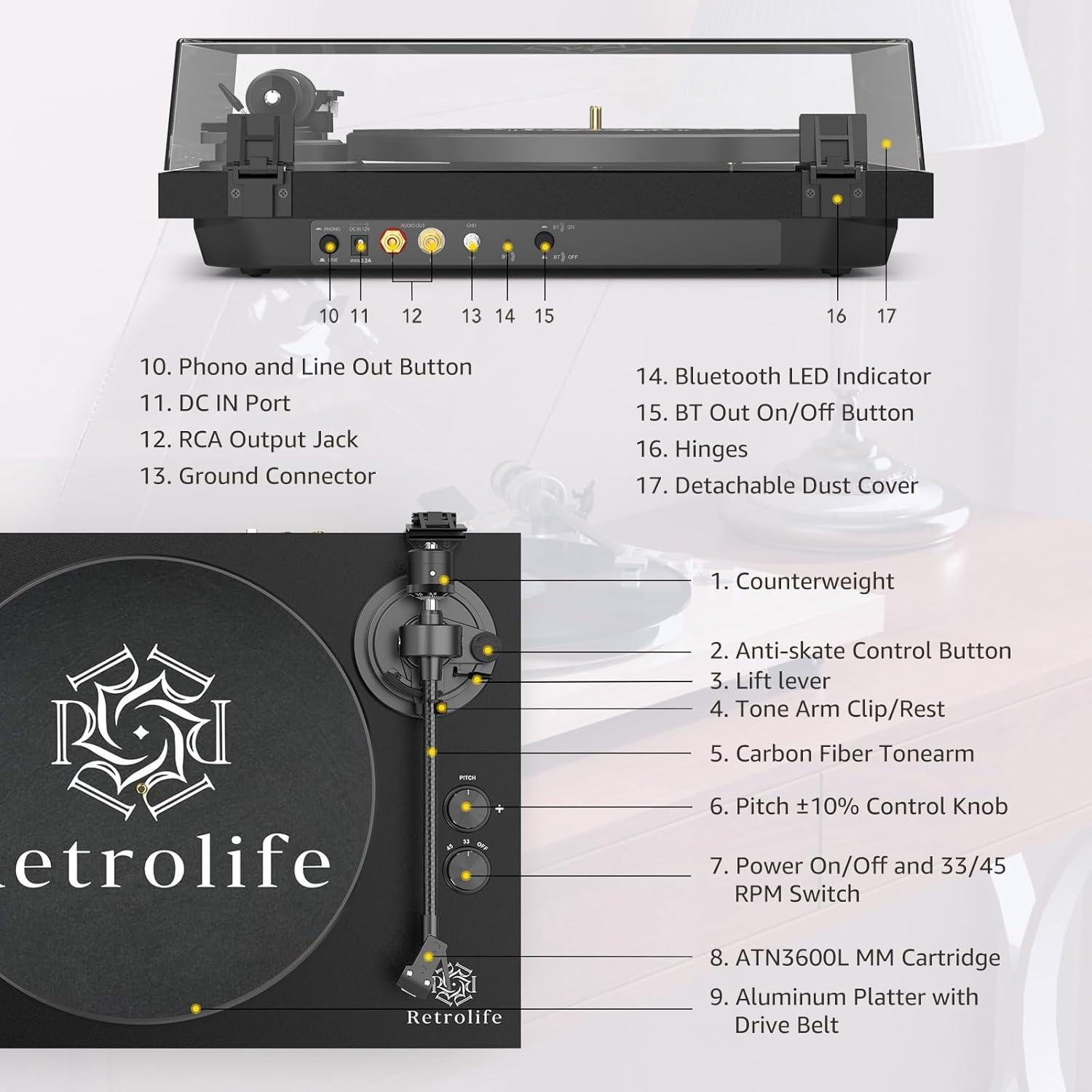 Giradiscos Inalámbrico Retrolife AT-3600L Brazo Carbono 4.49kg