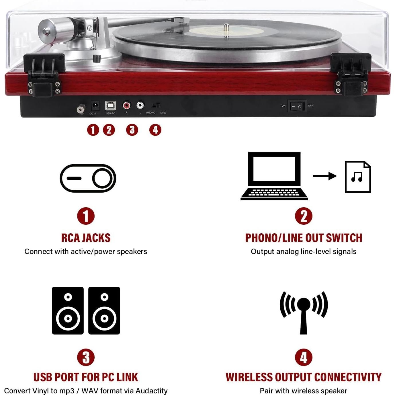 Tocadiscos de Correa DIGITNOW Rojo con Bluetooth y USB