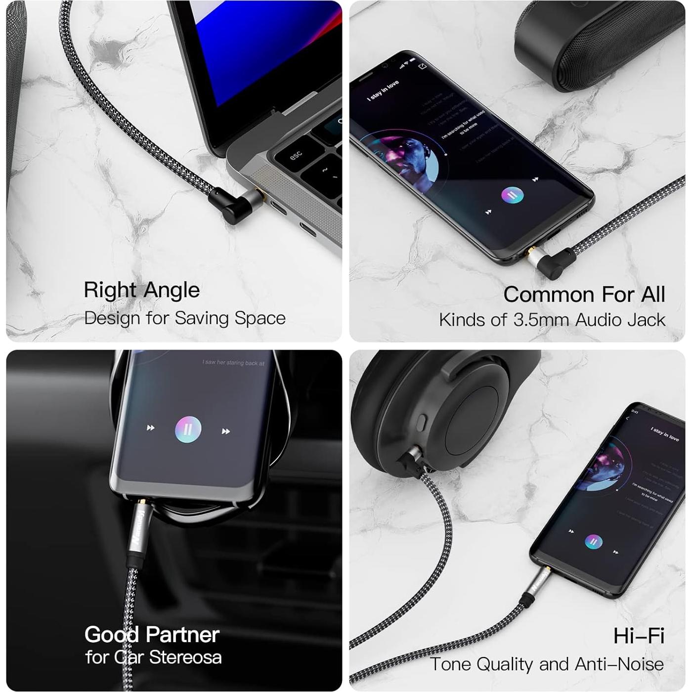 Cable AUX 1.8m Nanxudyj Estéreo 3.5mm Ángulo 90° Trenzado