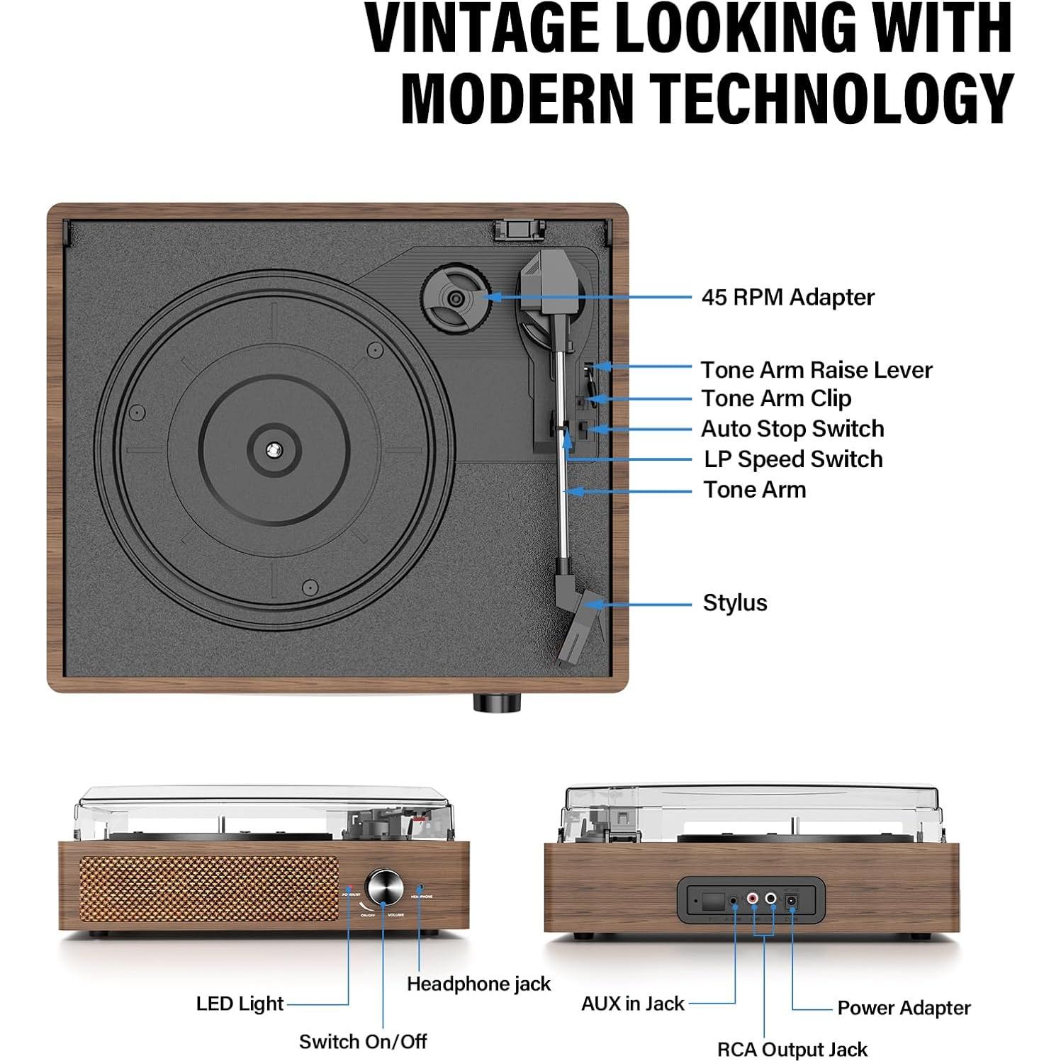 Reproductor de Vinilo Bluetooth Cotsoco Madera 3 Velocidades
