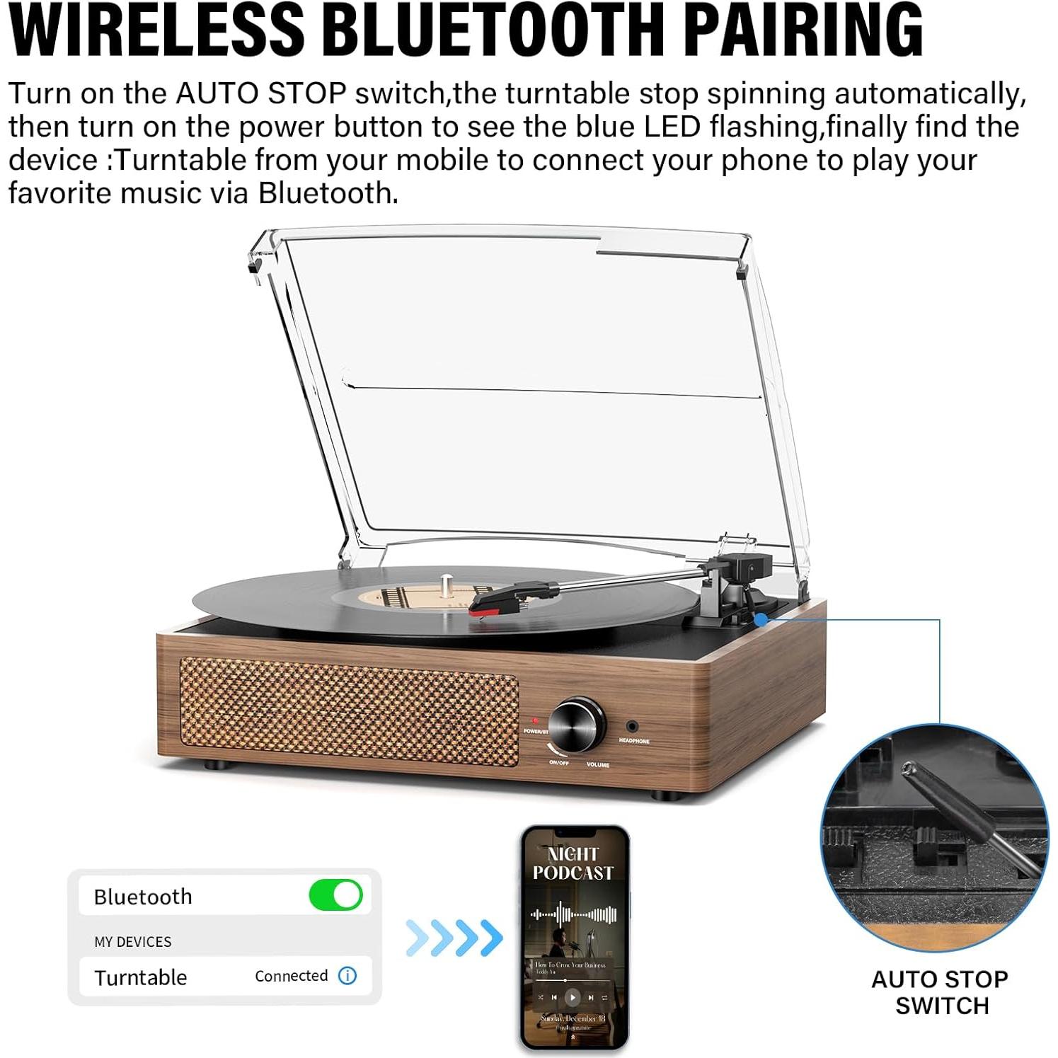 Reproductor de Vinilo Bluetooth Cotsoco Madera 3 Velocidades