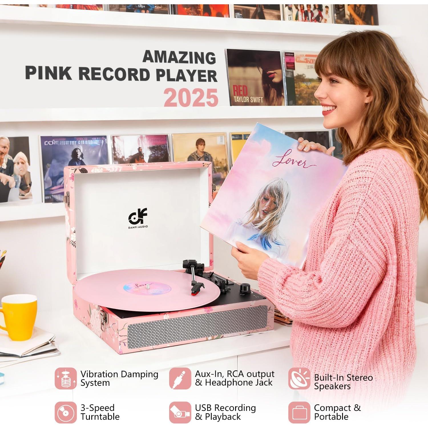 Reproductor de Vinilo Bluetooth DANFI AUDIO TE-012 Rosa Floral