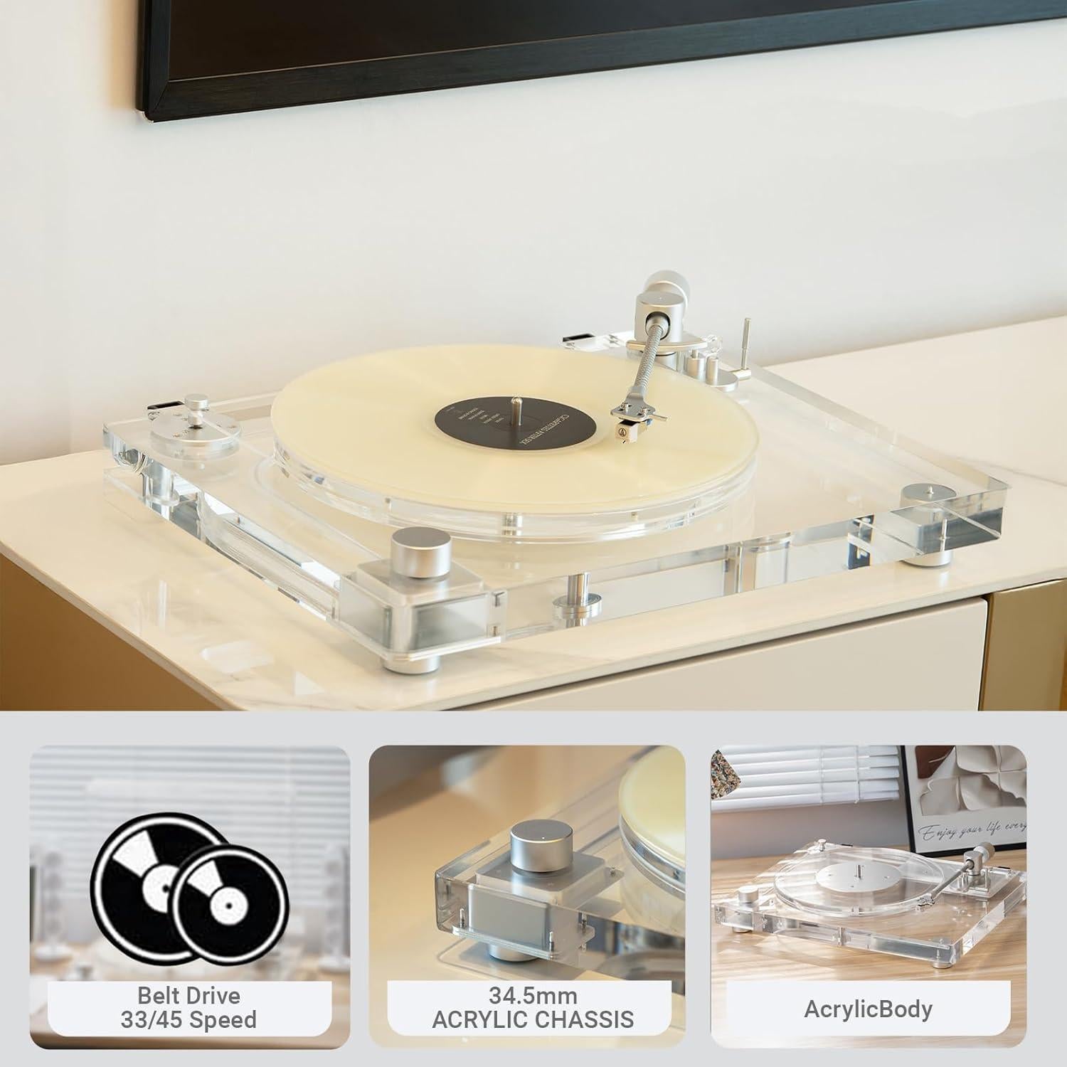 Giradiscos Acrílico Transparente SINJEE X10, 2 Velocidades, Bluetooth