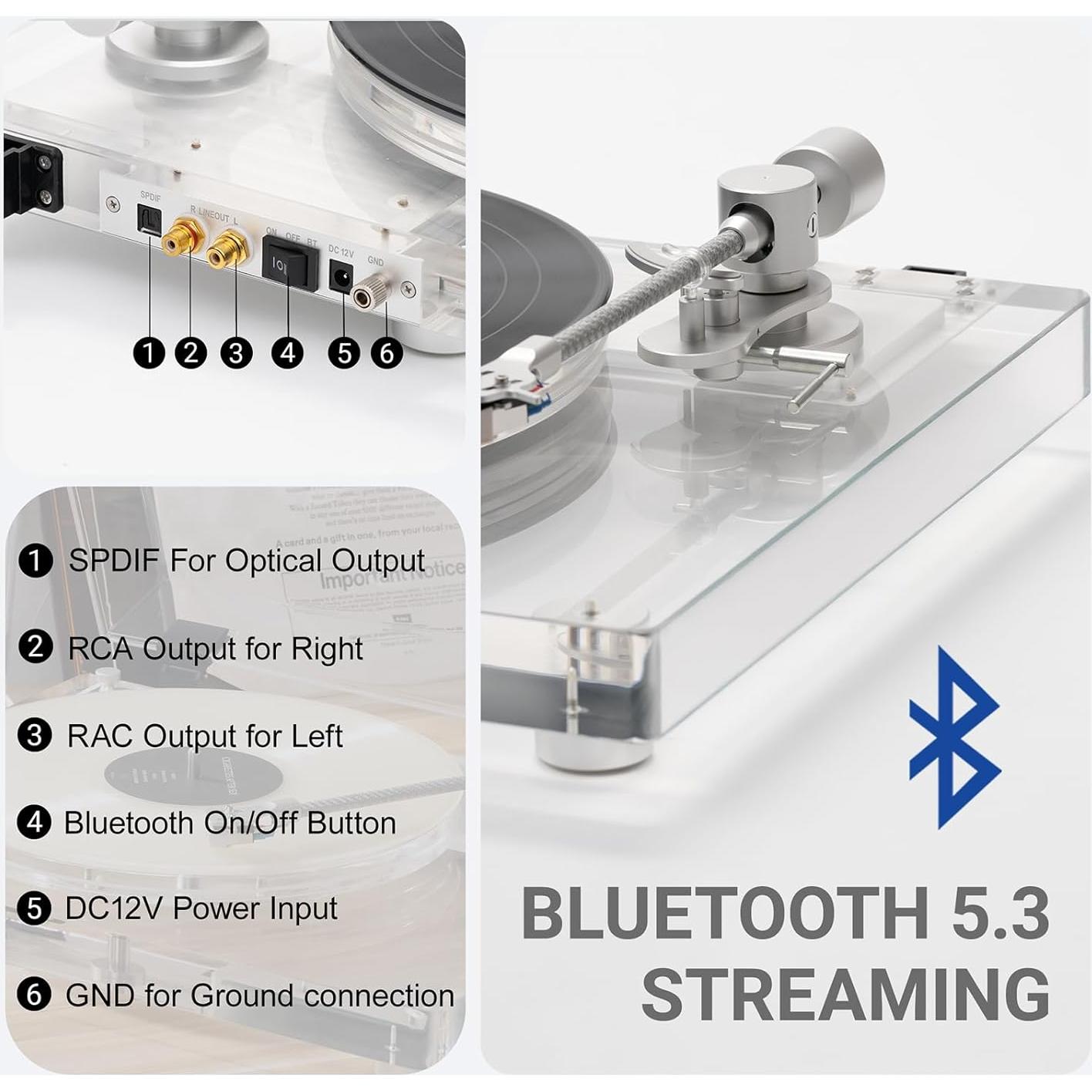 Giradiscos Acrílico Transparente SINJEE X10, 2 Velocidades, Bluetooth