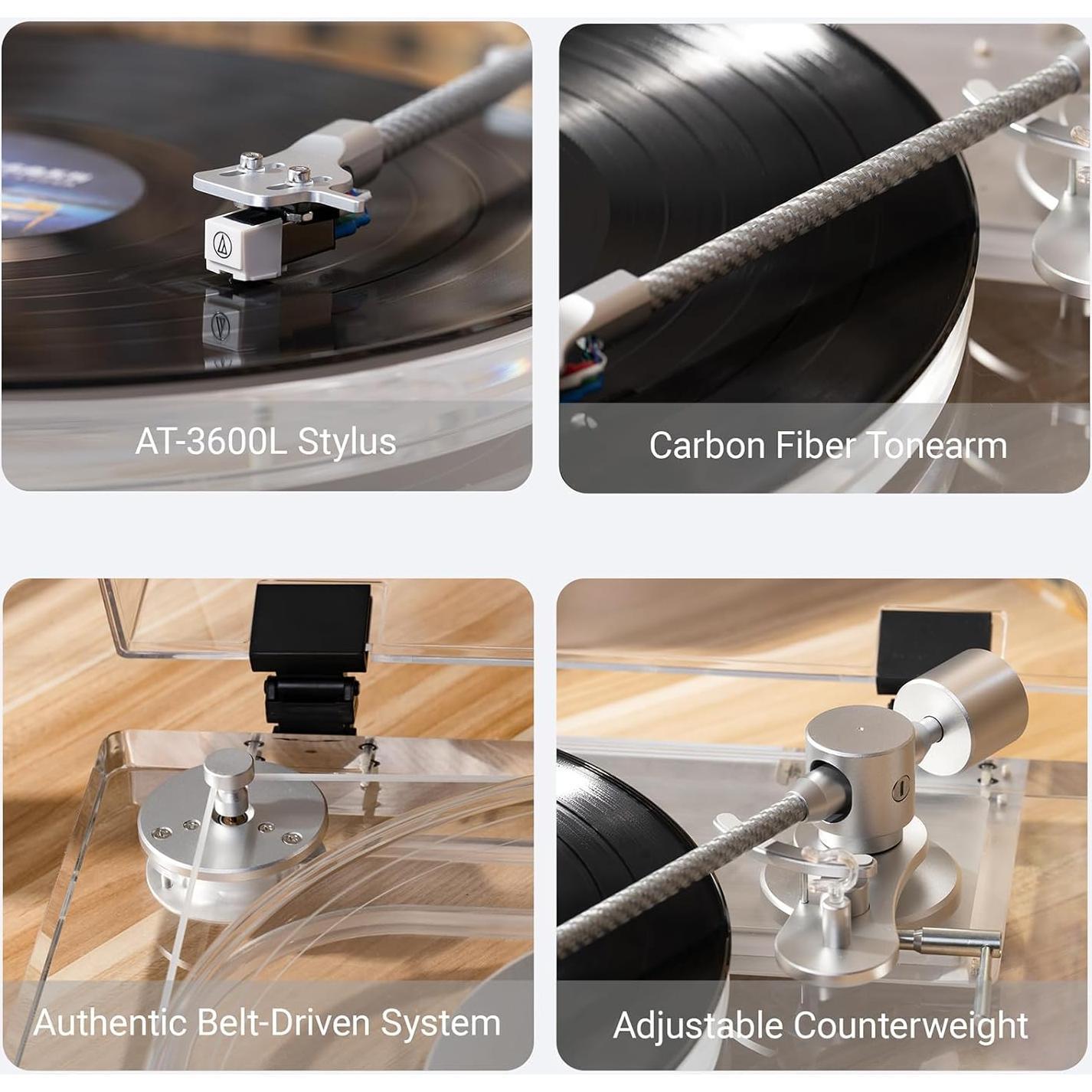 Giradiscos Acrílico Transparente SINJEE X10, 2 Velocidades, Bluetooth