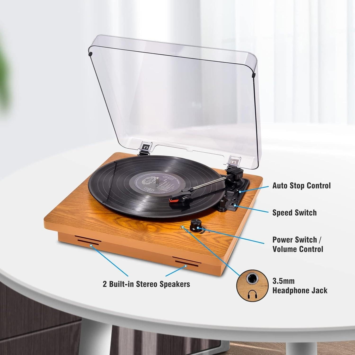 Reproductor de Vinilo Wrcibo de Madera Premium 3 Velocidades
