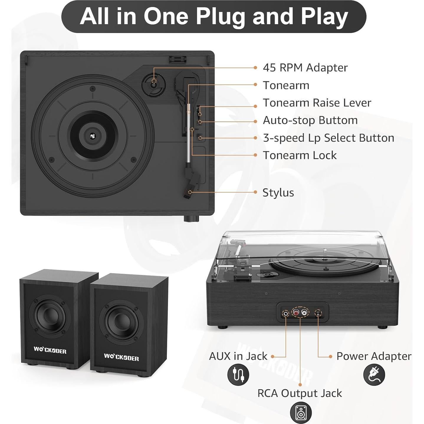 Reproductor de Vinilo WOCKODER R622 con Altavoces Externos