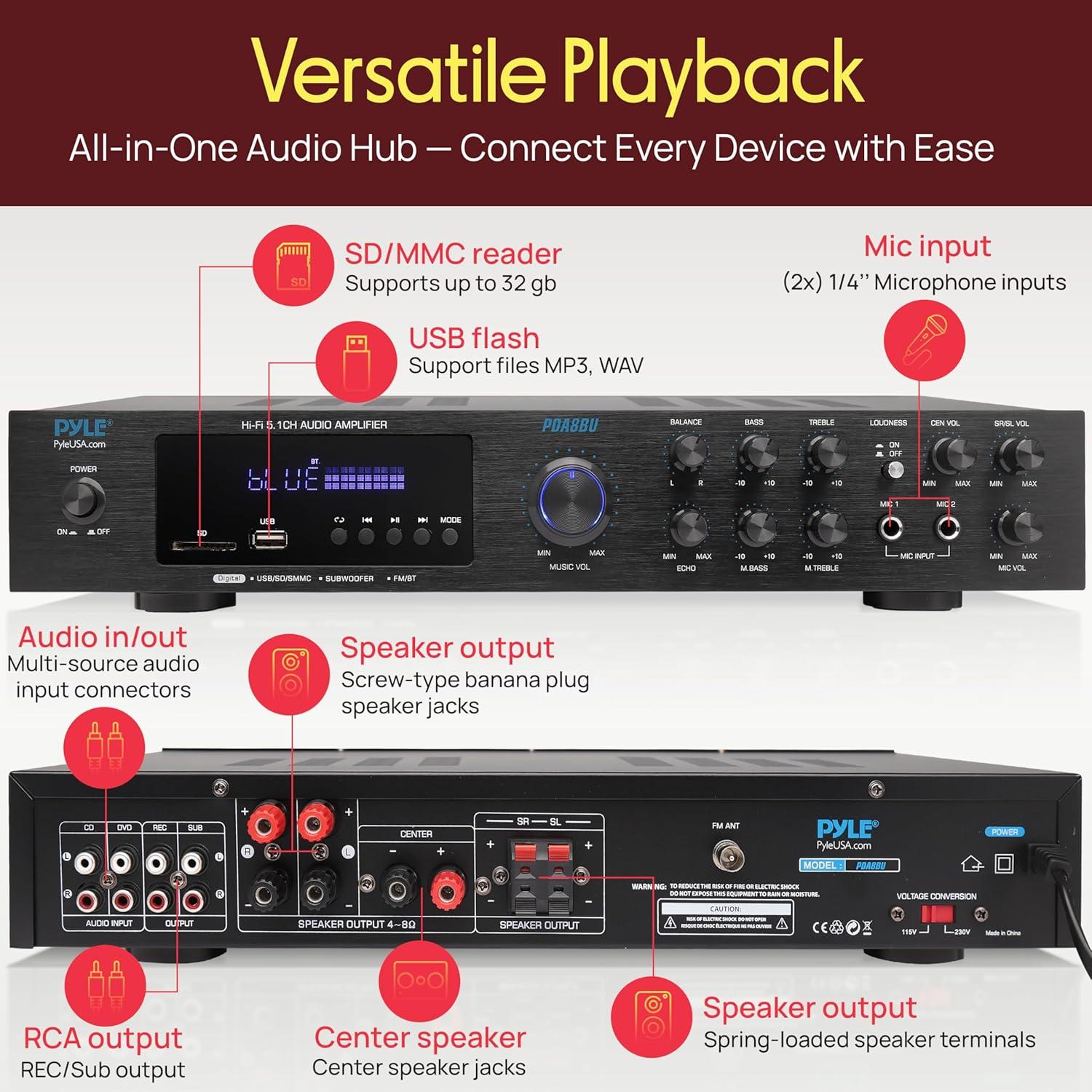 Amplificador de Audio Pyle PDA8BU 5 Canales Bluetooth 35W